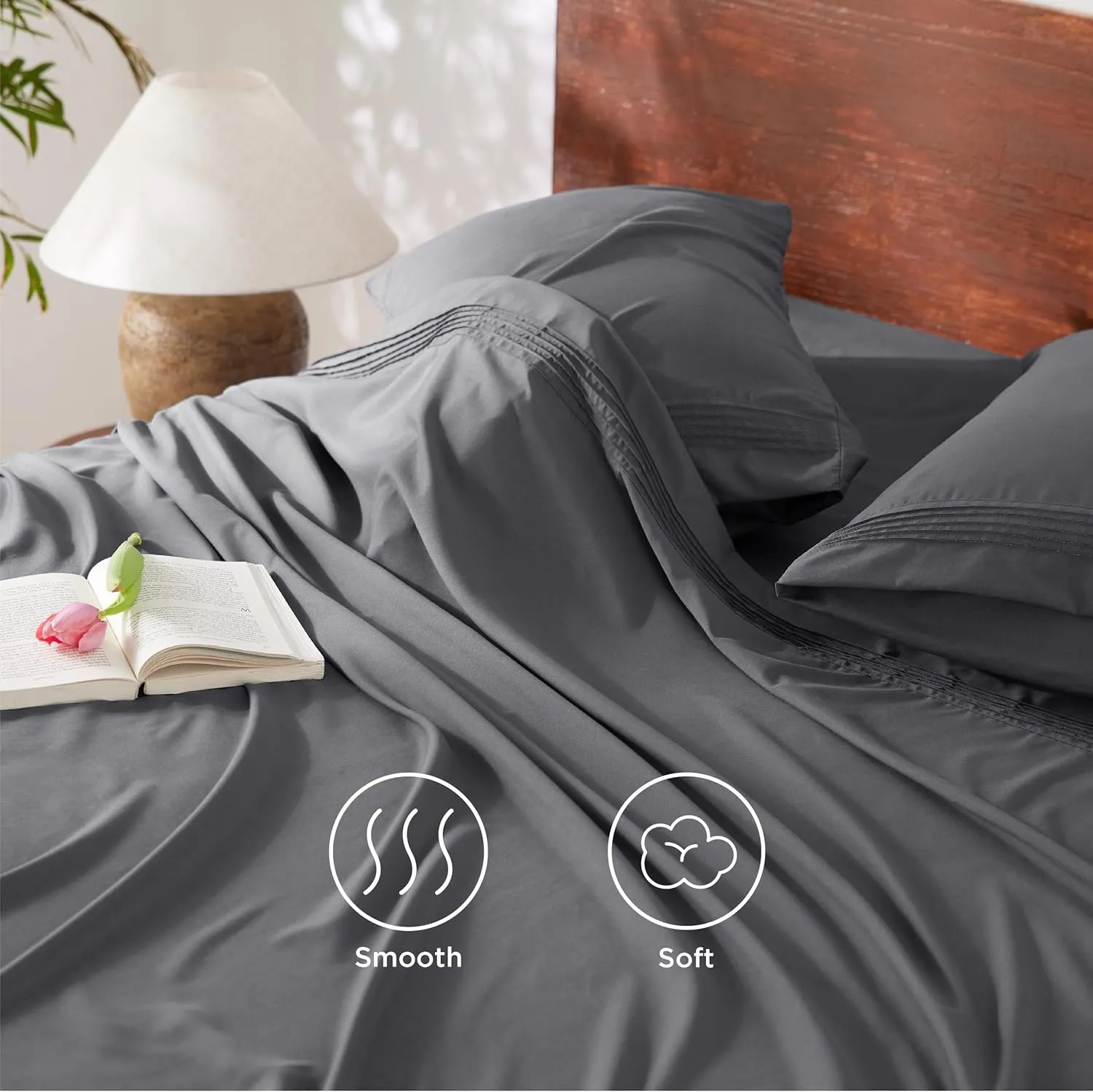 Bedsure Deep Pocket Queen Sheets Set - Fits Mattresses Up to 21 Inches Thick - 4 Piece GentleSoft Bed Sheets, Moisture Wicking, Soft & Cooling Bedsheet & Pillowcases, Easy & Secure Fit, Grey