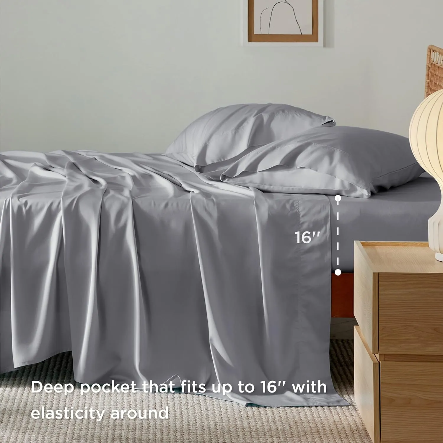Bedsure Queen Sheets, Rayon Derived from Bamboo, Queen Cooling Sheet Set, Deep Pocket Up to 16", Breathable & Soft Bed Sheets, Hotel Luxury Silky Bedding Sheets & Pillowcases, Silver Grey