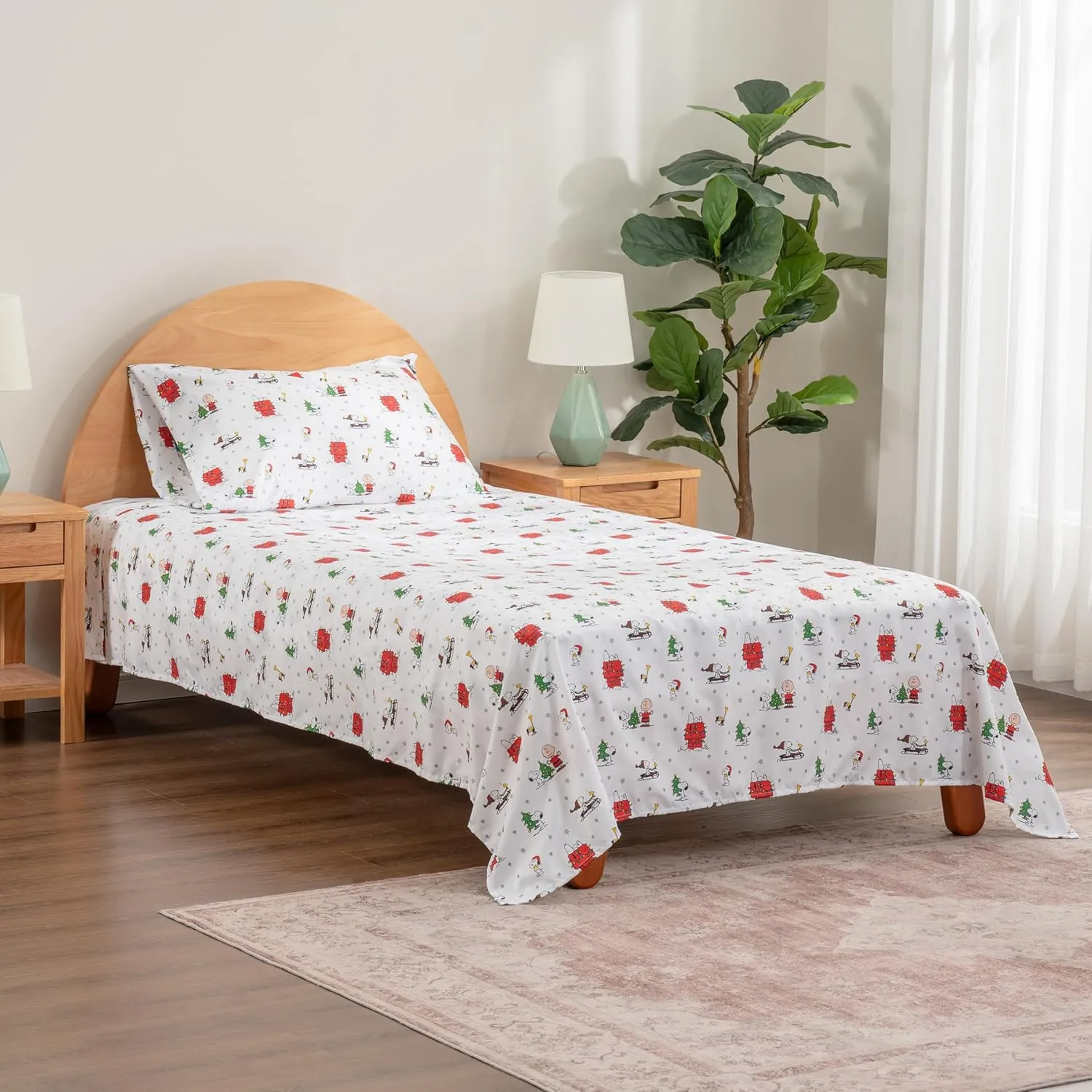 Berkshire Blanket Peanuts® Kids Sheet Set Full Size - 4 Pieces,Cute Character Snoopy Printed Soft Microfiber Bed Sheets,Holiday Helpers Sheet White