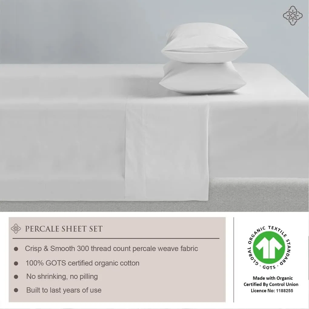 BIOWEAVES 100% Organic Cotton Percale Weave Sheets King – Crisp, Soft & Naturally Cooling, 300 Thread Count GOTS Certified Sheets for King Size Bed with 17” Deep Pocket – 4 Piece Set, White