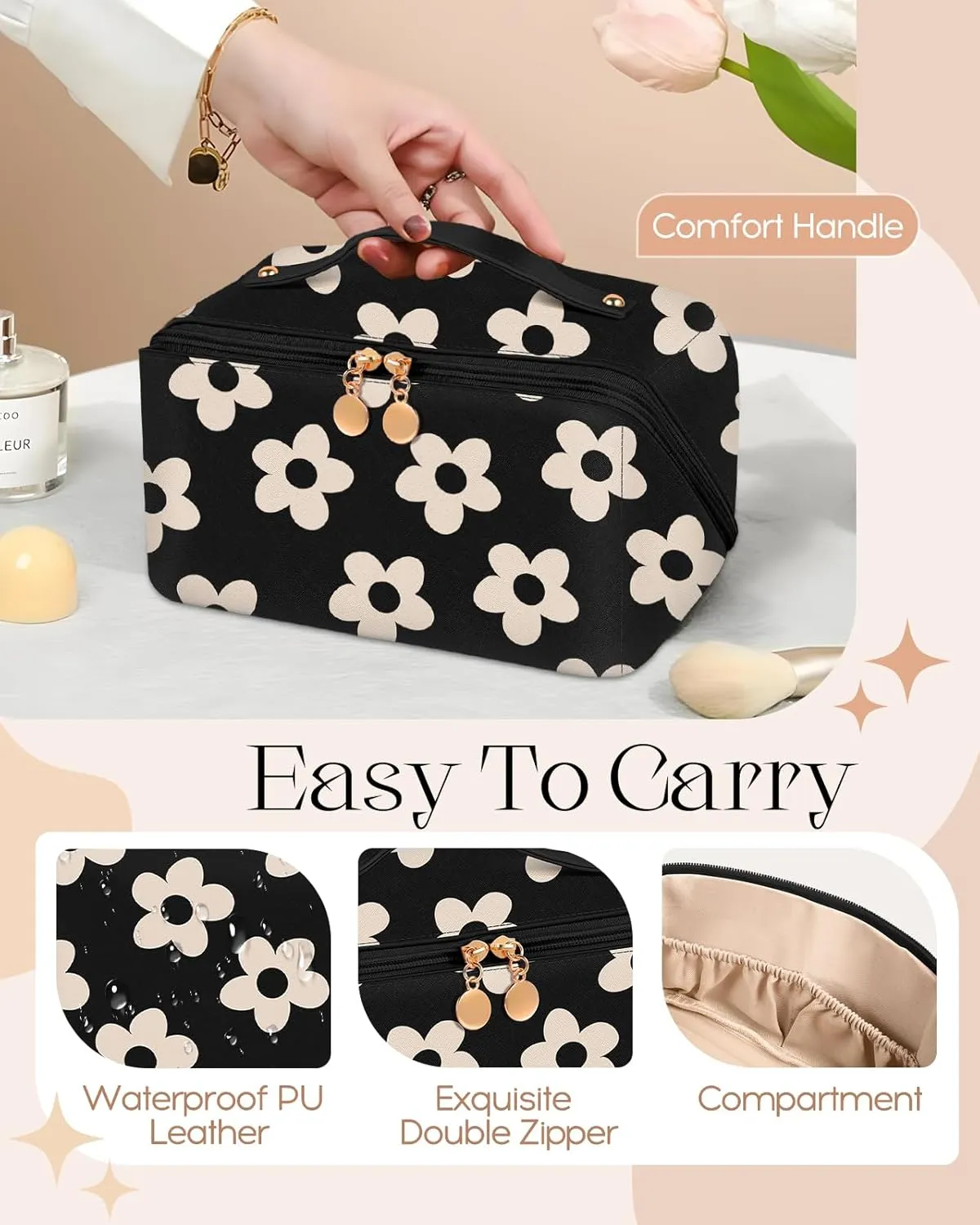 Bistup Makeup Bag Travel Cosmetic Bag Toiletry Make Up Bags Cute Women Large Capacity Big Medium Leather Black Flower Floral Aesthetic Girl Teen Teenage Foldable Expandable Open Flat Zip