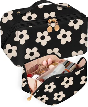 Bistup Makeup Bag Travel Cosmetic Bag Toiletry Make Up Bags Cute Women Large Capacity Big Medium Leather Black Flower Floral Aesthetic Girl Teen Teenage Foldable Expandable Open Flat Zip