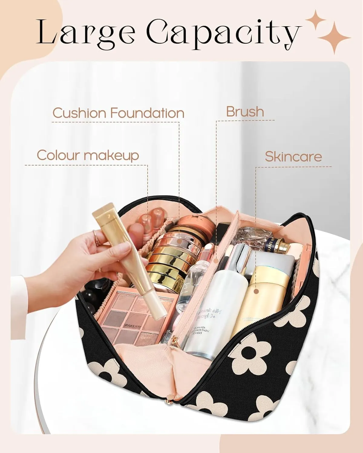 Bistup Makeup Bag Travel Cosmetic Bag Toiletry Make Up Bags Cute Women Large Capacity Big Medium Leather Black Flower Floral Aesthetic Girl Teen Teenage Foldable Expandable Open Flat Zip