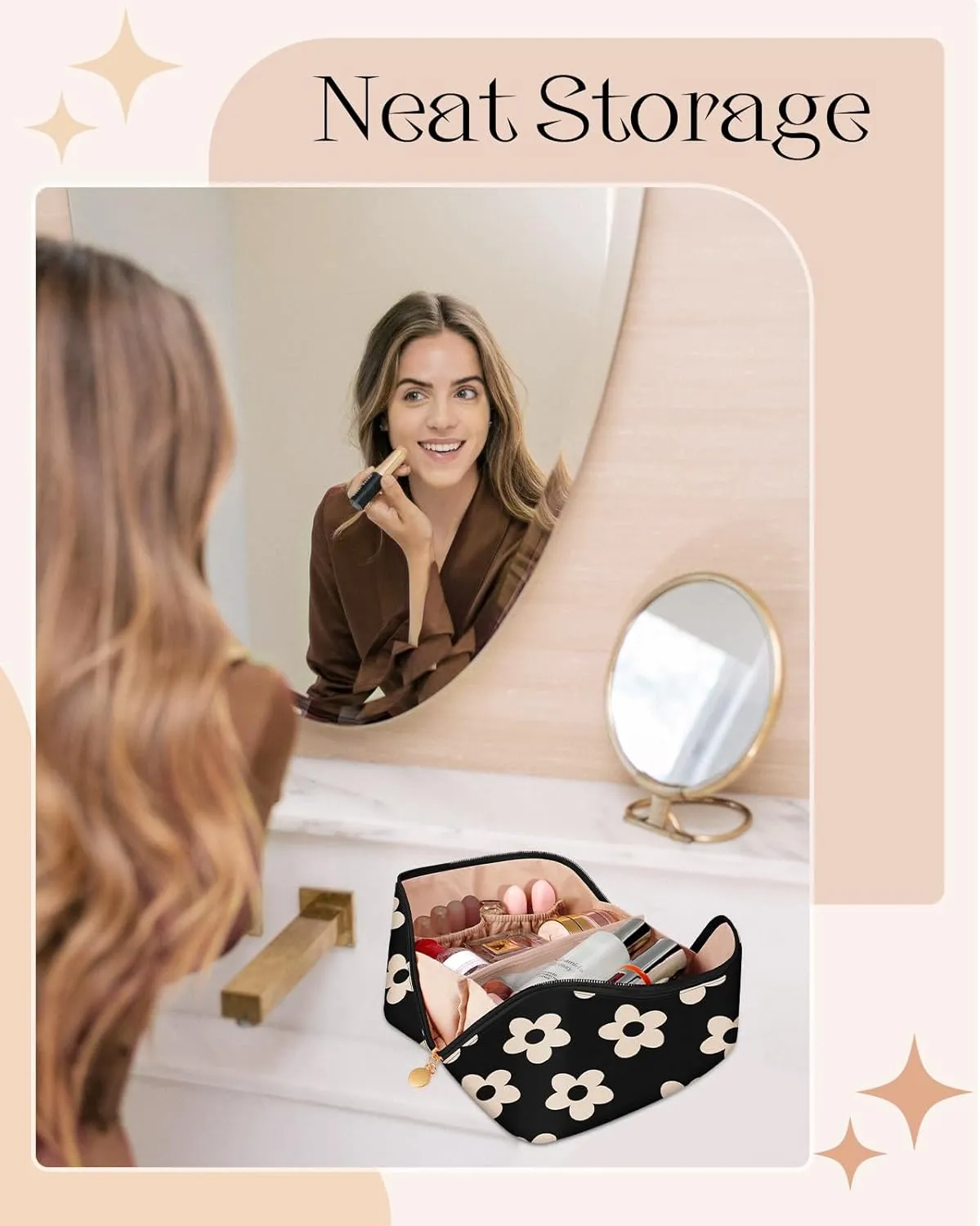 Bistup Makeup Bag Travel Cosmetic Bag Toiletry Make Up Bags Cute Women Large Capacity Big Medium Leather Black Flower Floral Aesthetic Girl Teen Teenage Foldable Expandable Open Flat Zip