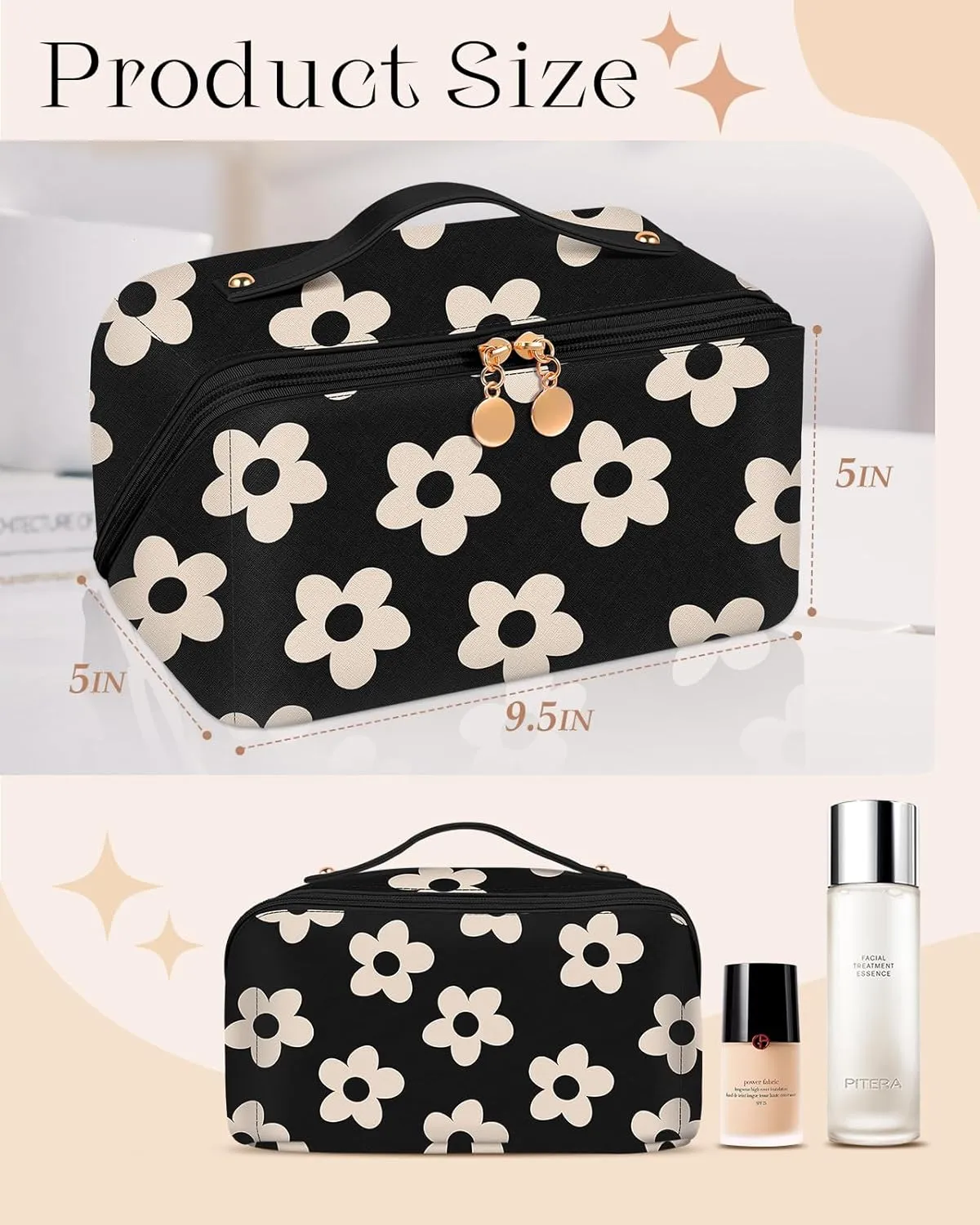 Bistup Makeup Bag Travel Cosmetic Bag Toiletry Make Up Bags Cute Women Large Capacity Big Medium Leather Black Flower Floral Aesthetic Girl Teen Teenage Foldable Expandable Open Flat Zip