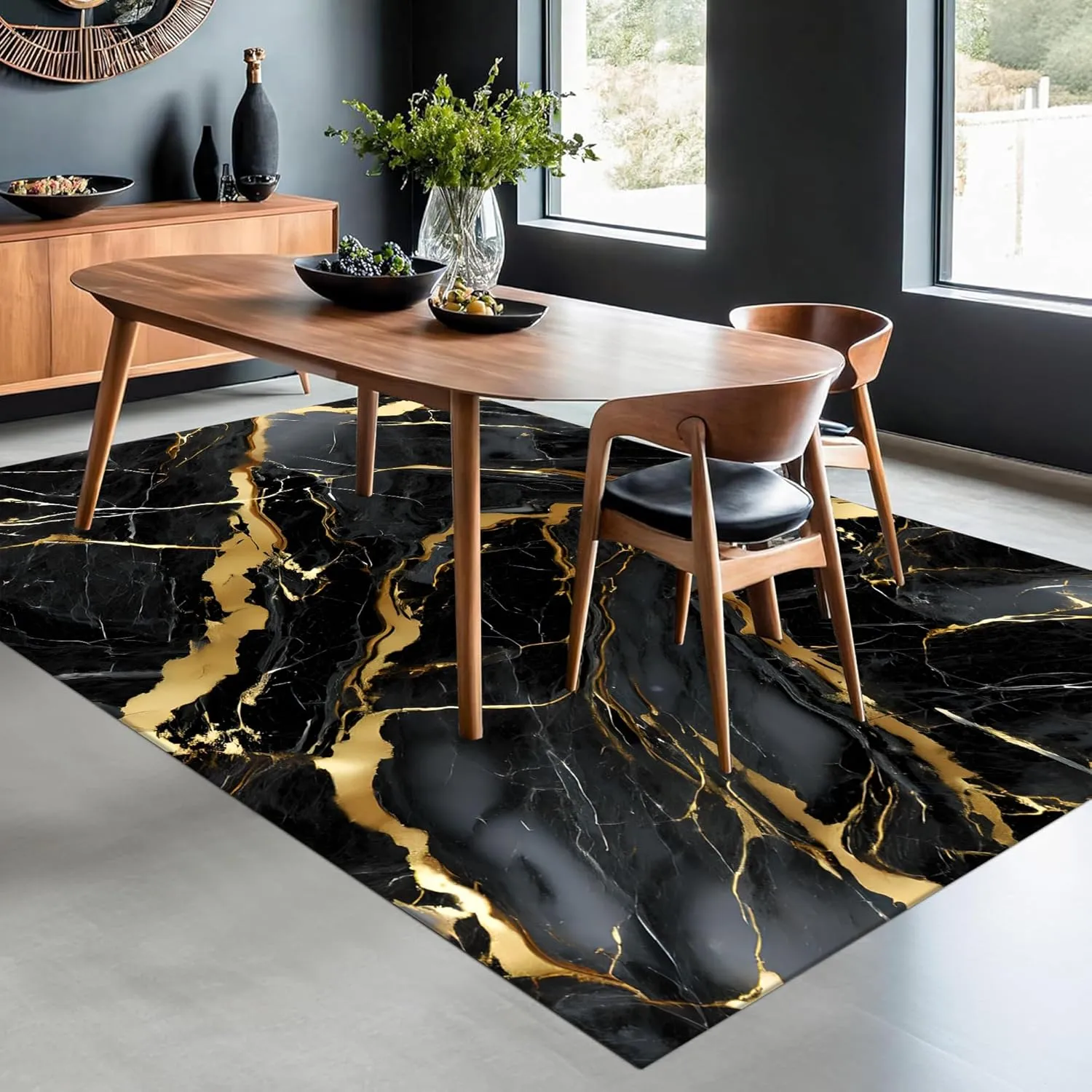 Black and Gold Marble Rugs: 5x8 Feet Abstract Black Marble Area Rug Washable Aesthetic Floor Carpet Mat for Bedroom Dining Living Room Dorm Kitchen Classroom Hallway