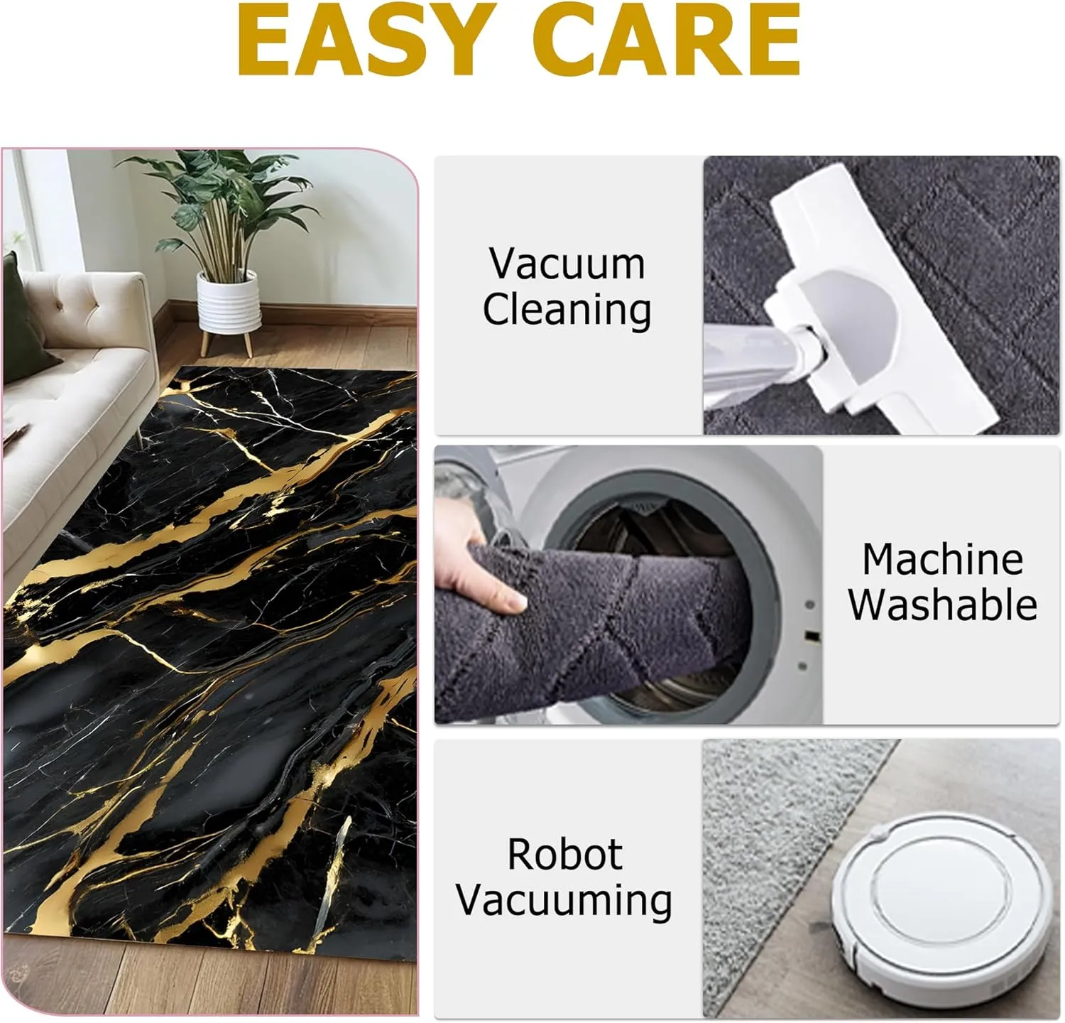 Black and Gold Marble Rugs: 5x8 Feet Abstract Black Marble Area Rug Washable Aesthetic Floor Carpet Mat for Bedroom Dining Living Room Dorm Kitchen Classroom Hallway