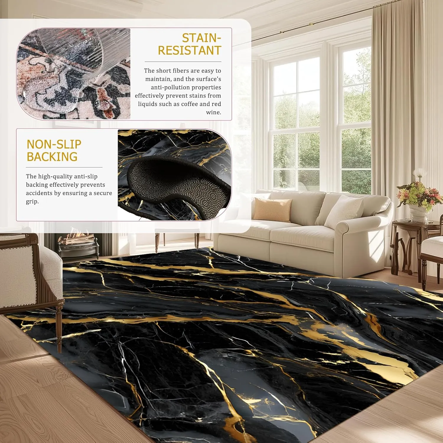 Black and Gold Marble Rugs: 5x8 Feet Abstract Black Marble Area Rug Washable Aesthetic Floor Carpet Mat for Bedroom Dining Living Room Dorm Kitchen Classroom Hallway