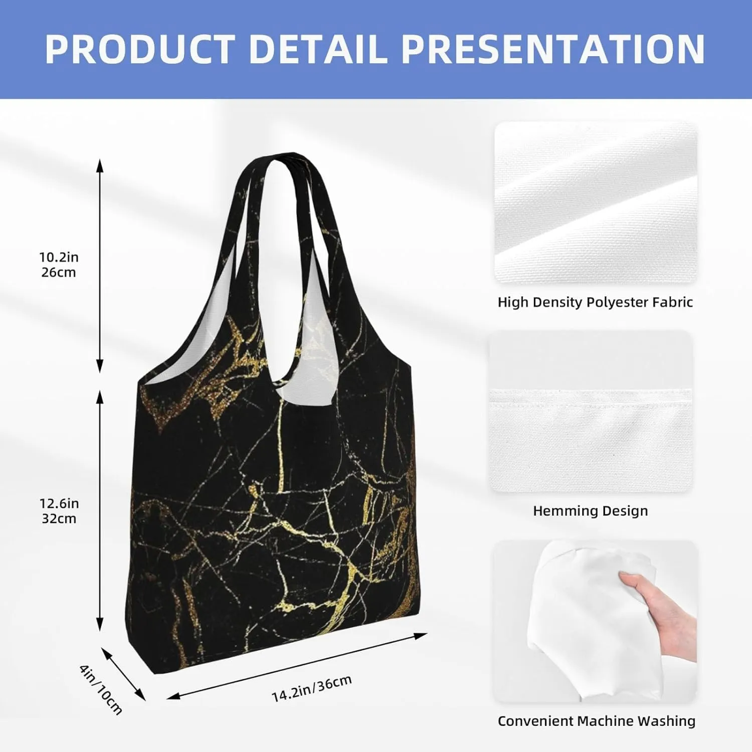 Black Gold Marble Print Tote Bags Reusable Grocery Bags Shopping Bags For Groceries Reusable Bags Foldable Shopping Bag