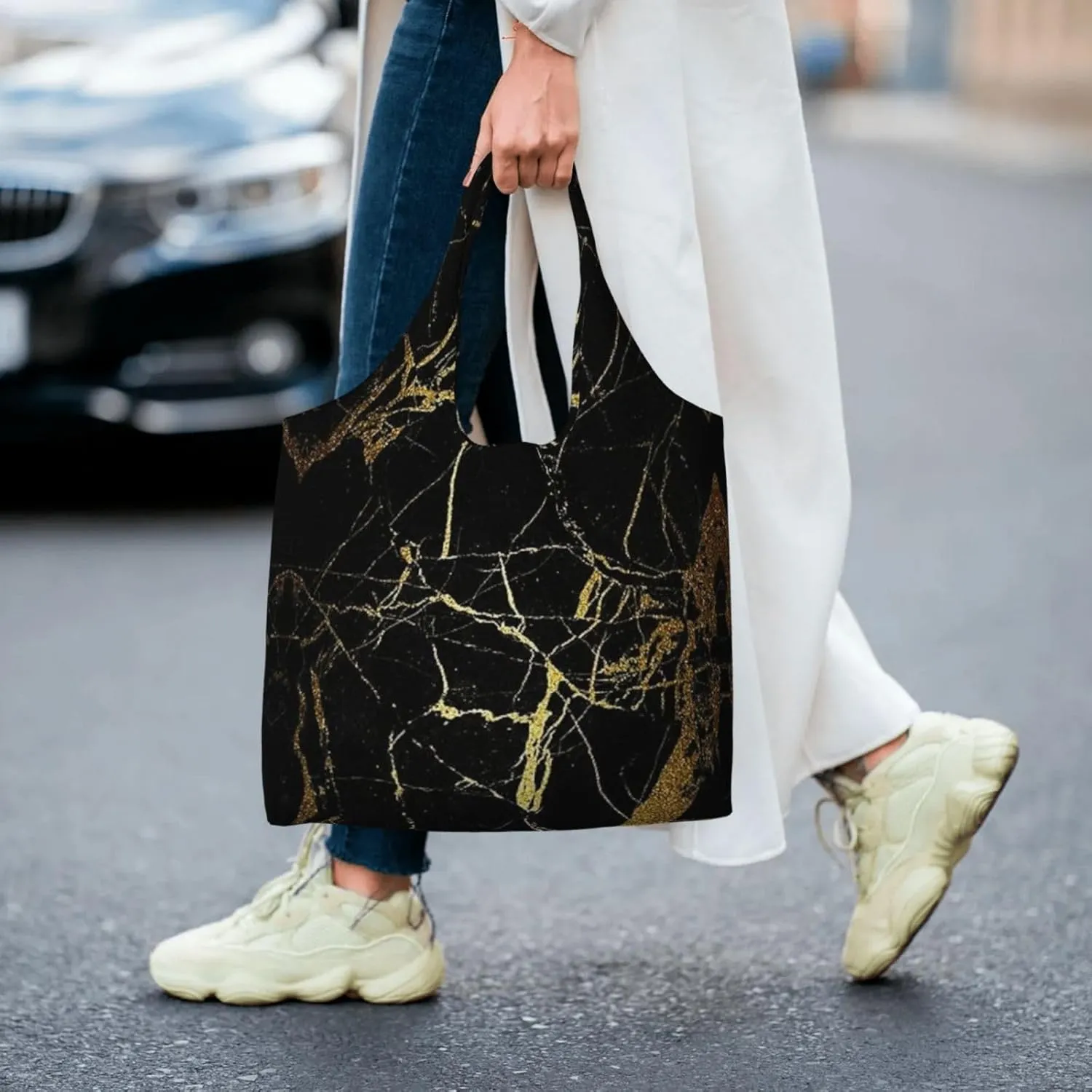 Black Gold Marble Print Tote Bags Reusable Grocery Bags Shopping Bags For Groceries Reusable Bags Foldable Shopping Bag