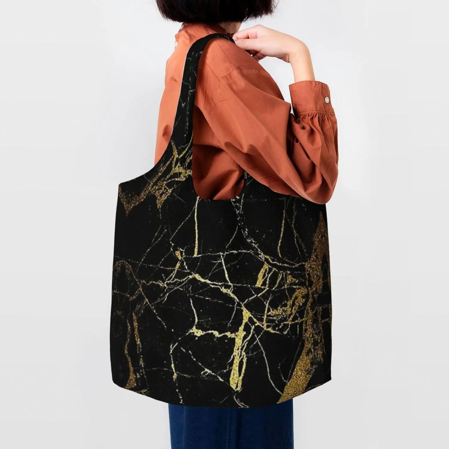Black Gold Marble Print Tote Bags Reusable Grocery Bags Shopping Bags For Groceries Reusable Bags Foldable Shopping Bag