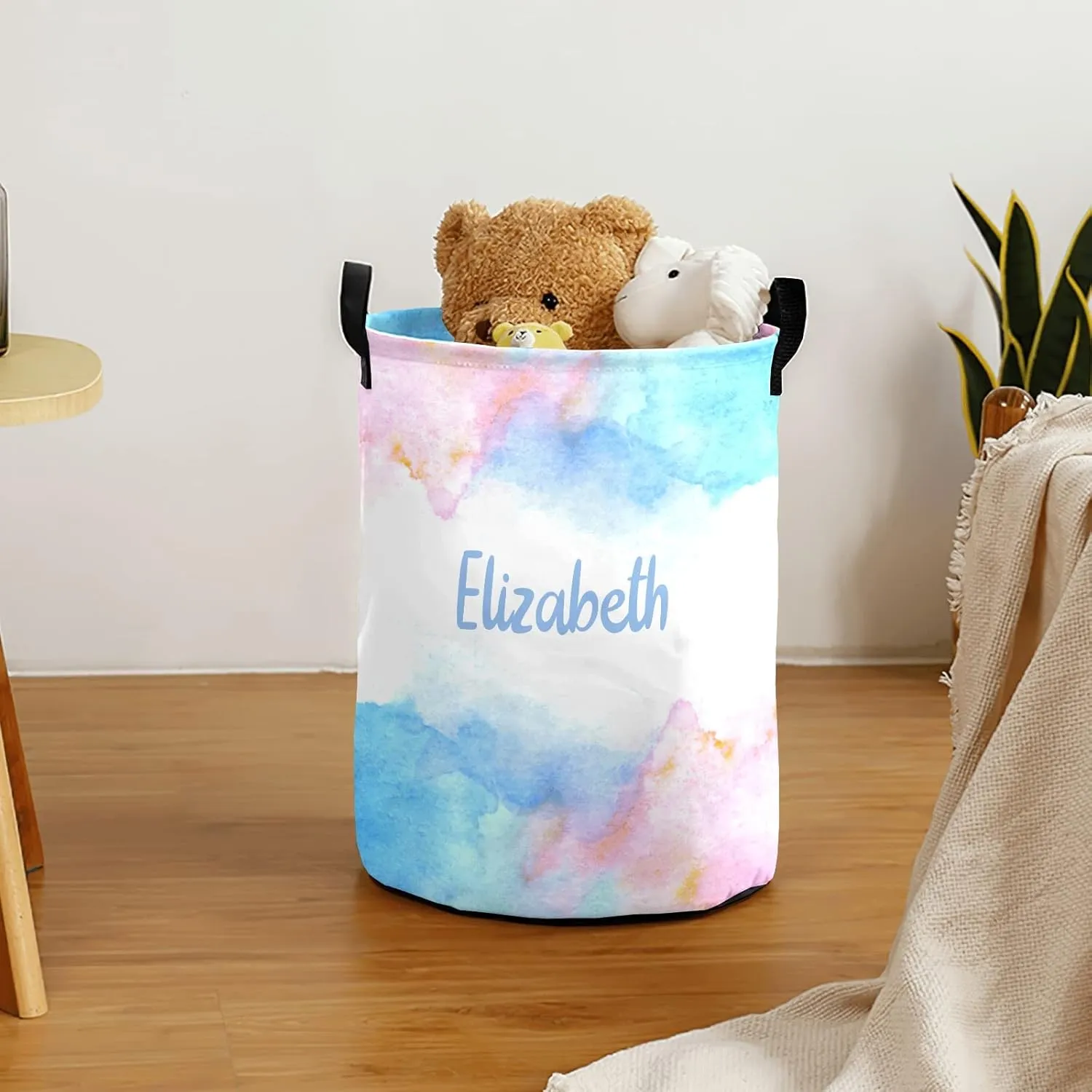 Blue and Pink Color Splash Personalized Waterproof Foldable Laundry Basket Bag with Handle, Custom Collapsible Clothes Hamper Storage Bin for Toys Laundry Dorm Travel Bathroom