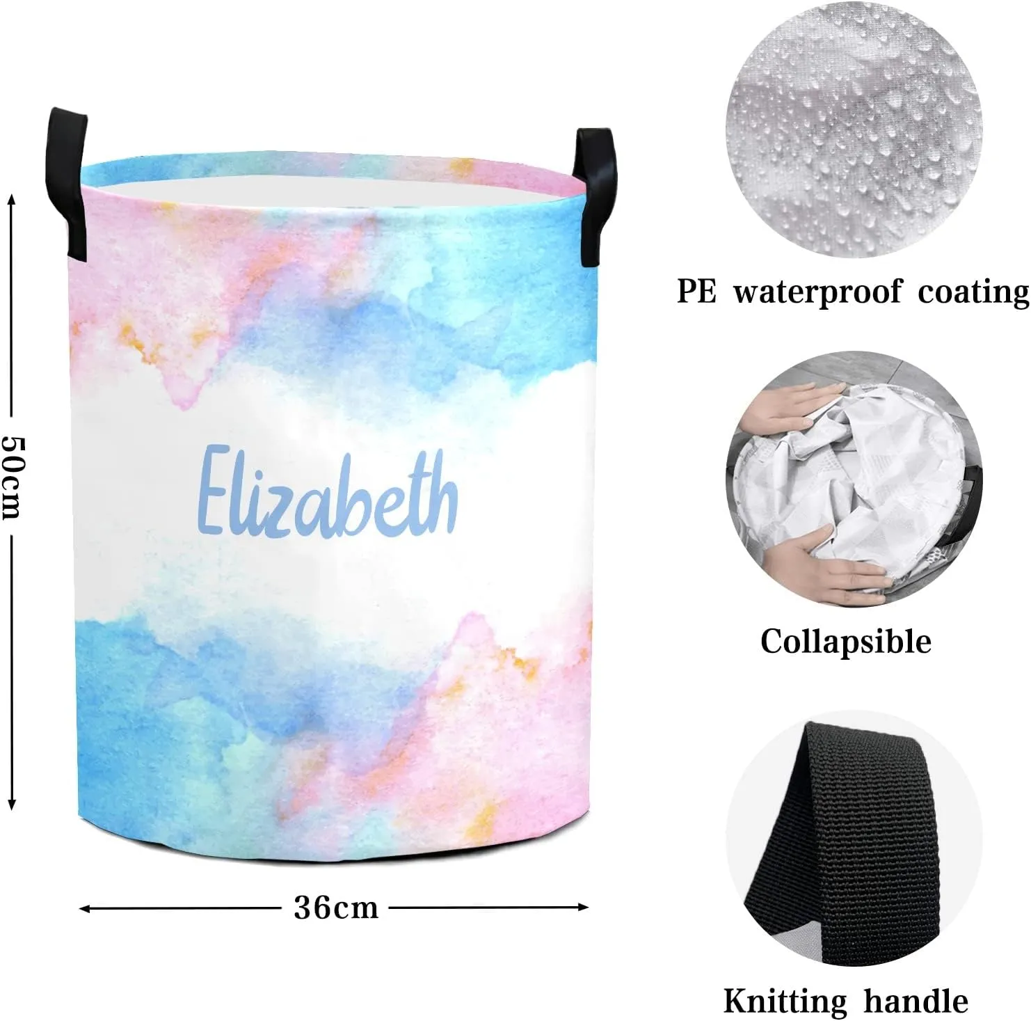 Blue and Pink Color Splash Personalized Waterproof Foldable Laundry Basket Bag with Handle, Custom Collapsible Clothes Hamper Storage Bin for Toys Laundry Dorm Travel Bathroom