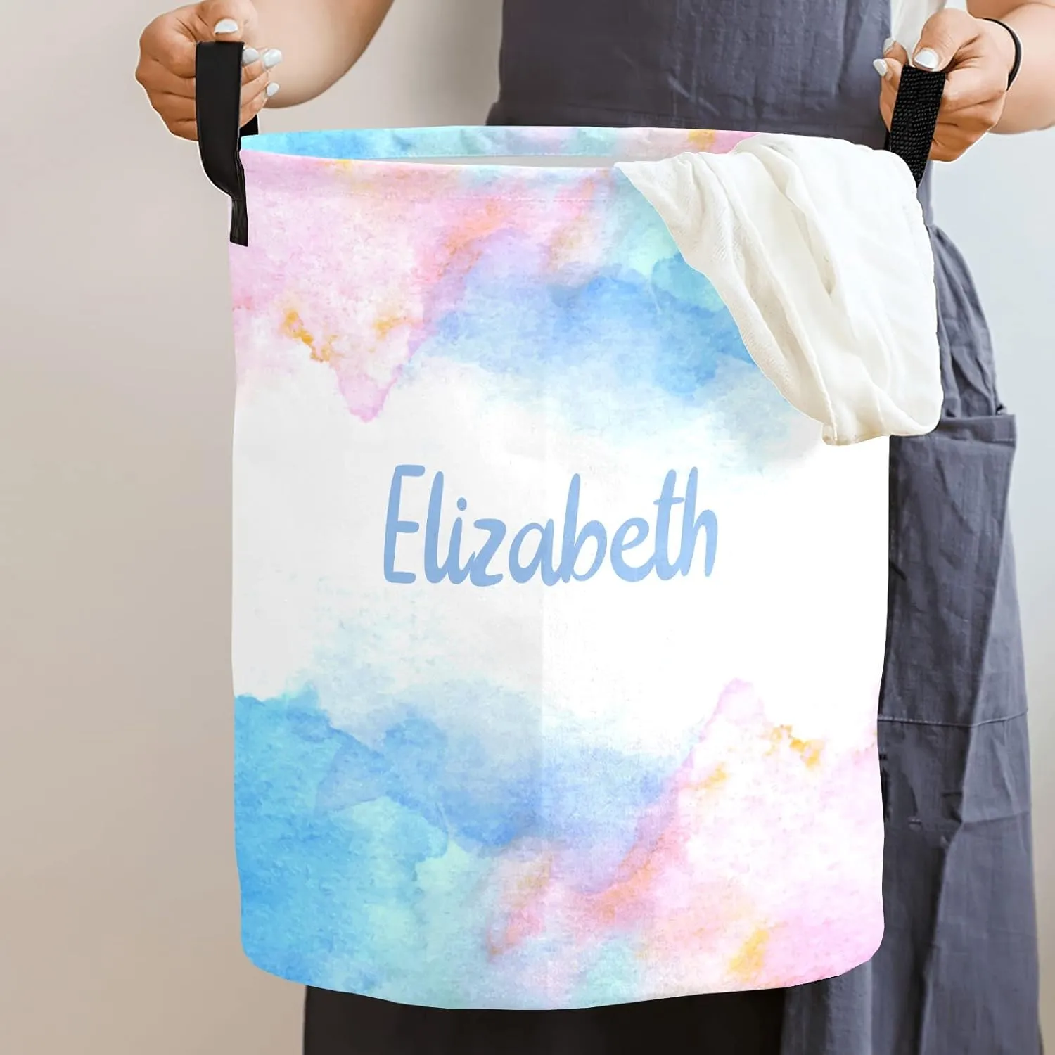 Blue and Pink Color Splash Personalized Waterproof Foldable Laundry Basket Bag with Handle, Custom Collapsible Clothes Hamper Storage Bin for Toys Laundry Dorm Travel Bathroom
