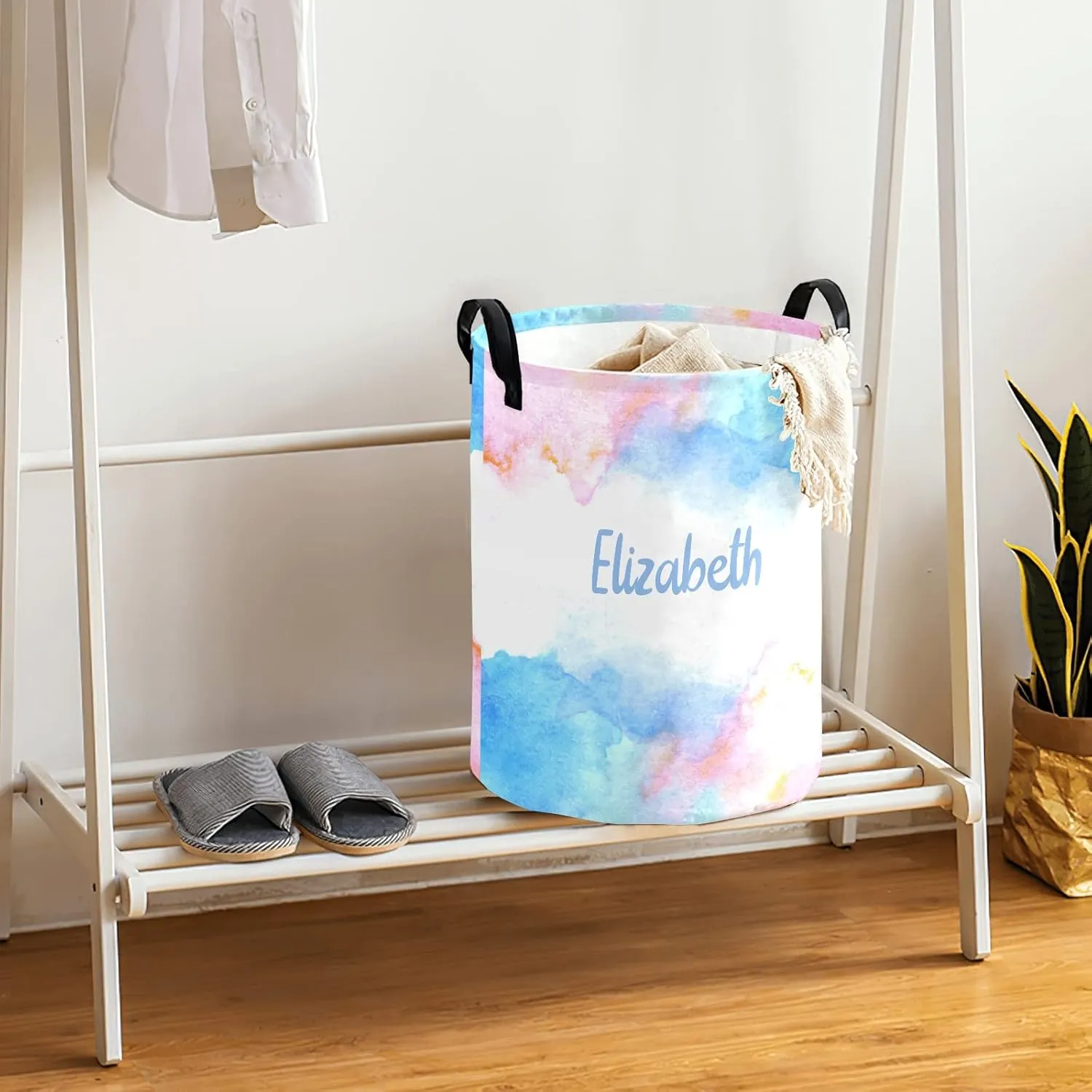 Blue and Pink Color Splash Personalized Waterproof Foldable Laundry Basket Bag with Handle, Custom Collapsible Clothes Hamper Storage Bin for Toys Laundry Dorm Travel Bathroom