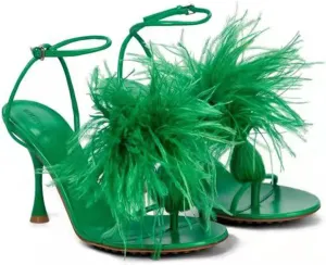 Blue Feather Sandals Women Flip-Flops Leather High Heels Sandalias Ladies Summer Fur Shoes Pumps Party Wedding Shoes Woman