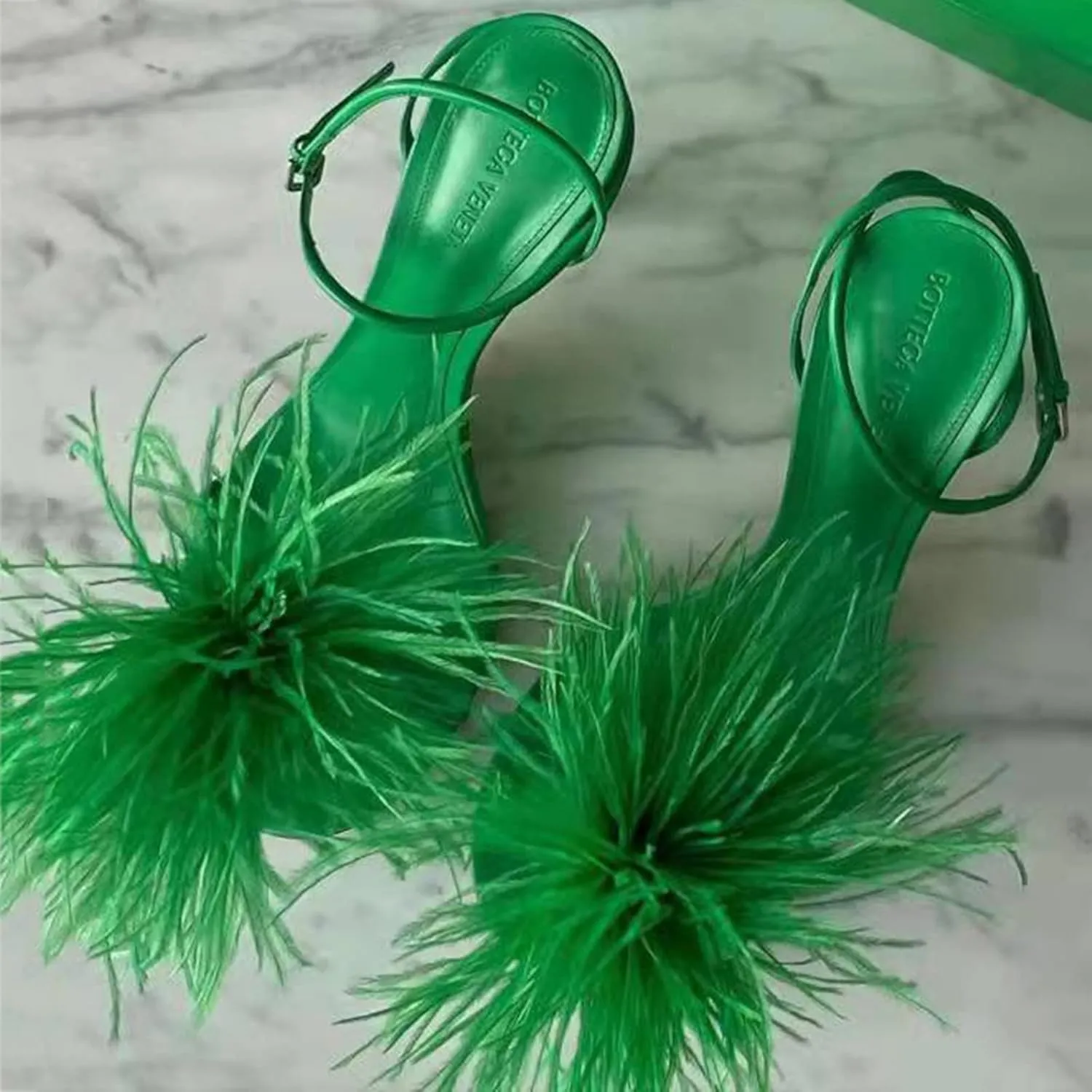 Blue Feather Sandals Women Flip-Flops Leather High Heels Sandalias Ladies Summer Fur Shoes Pumps Party Wedding Shoes Woman
