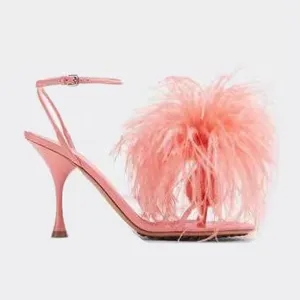 Blue Feather Sandals Women Flip-Flops Leather High Heels Sandalias Ladies Summer Fur Shoes Pumps Party Wedding Shoes Woman