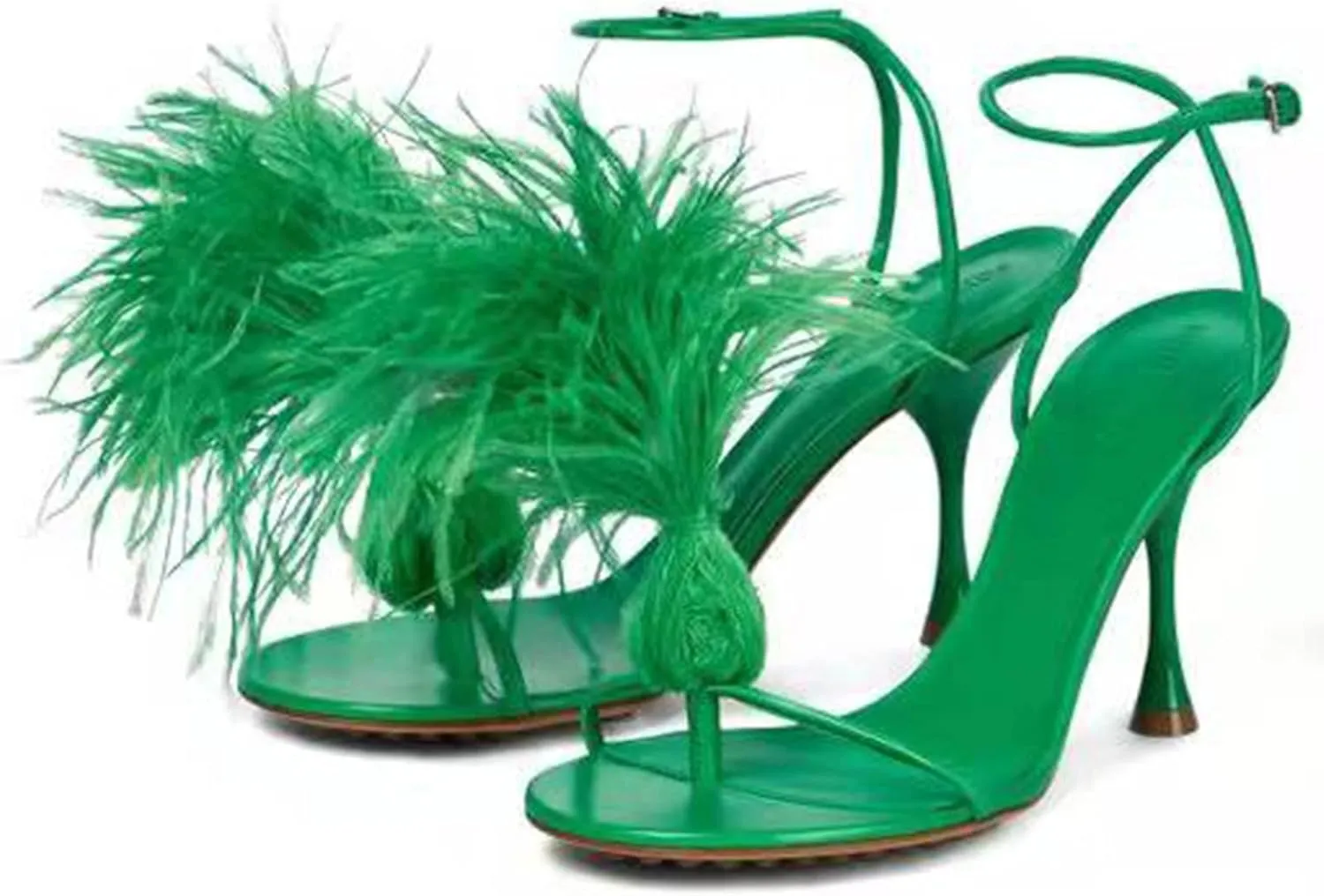 Blue Feather Sandals Women Flip-Flops Leather High Heels Sandalias Ladies Summer Fur Shoes Pumps Party Wedding Shoes Woman
