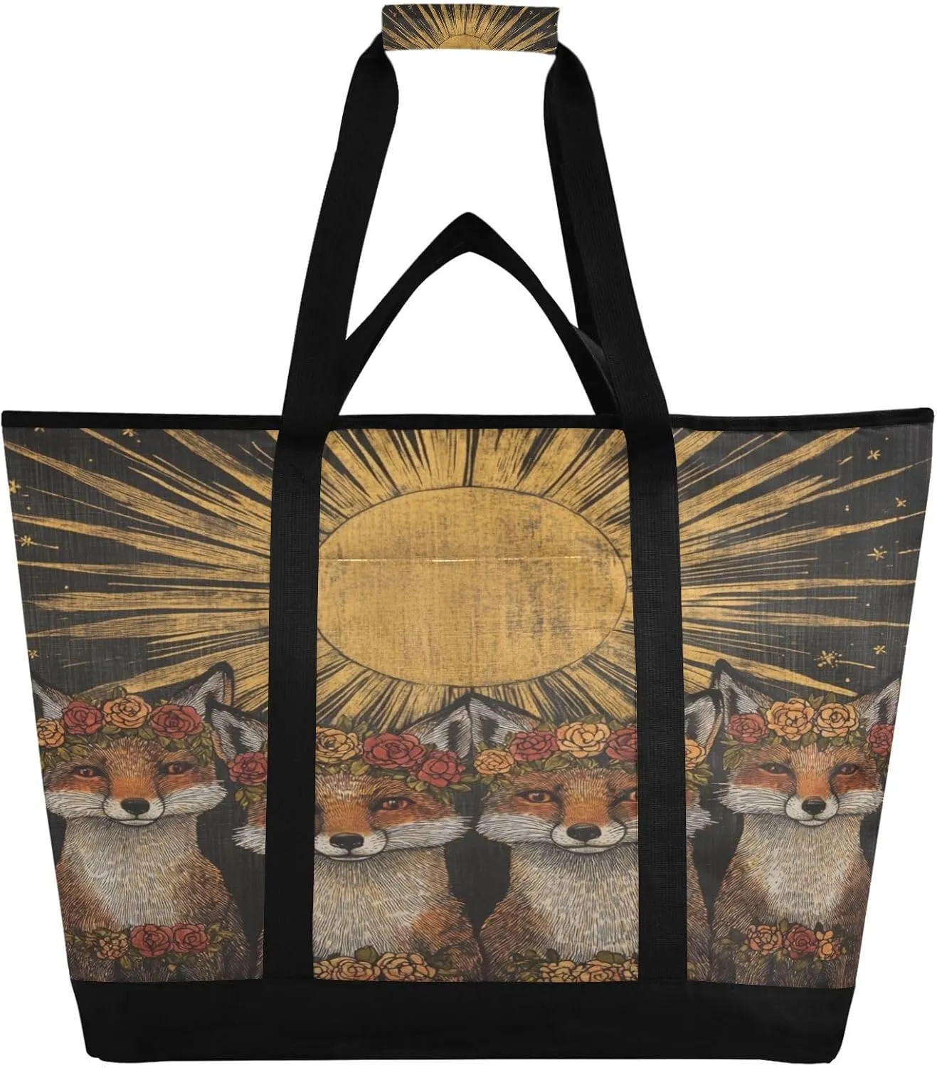 Boho Fox Reusable Insulated Lunchbox Cooler Bag, Leakproof Kitchen Grocery Bag Collapsible Portable Cooler Tote Bag for Picnic, Camping, Office, Travel