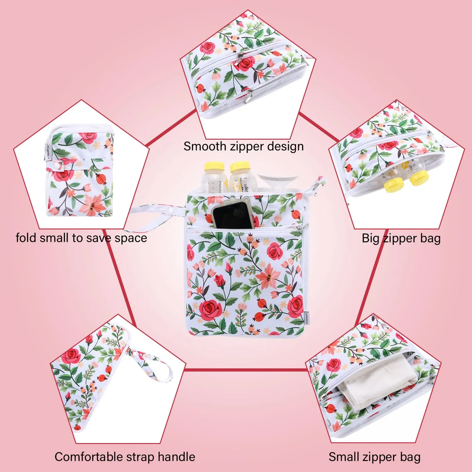 Breast Pump Bag Wet/Dry Bag with Preparation Place Mat, Waterproof Pump Parts Storage Bag for Moms Pumping at Work or Outdoors(Romantic flowers)