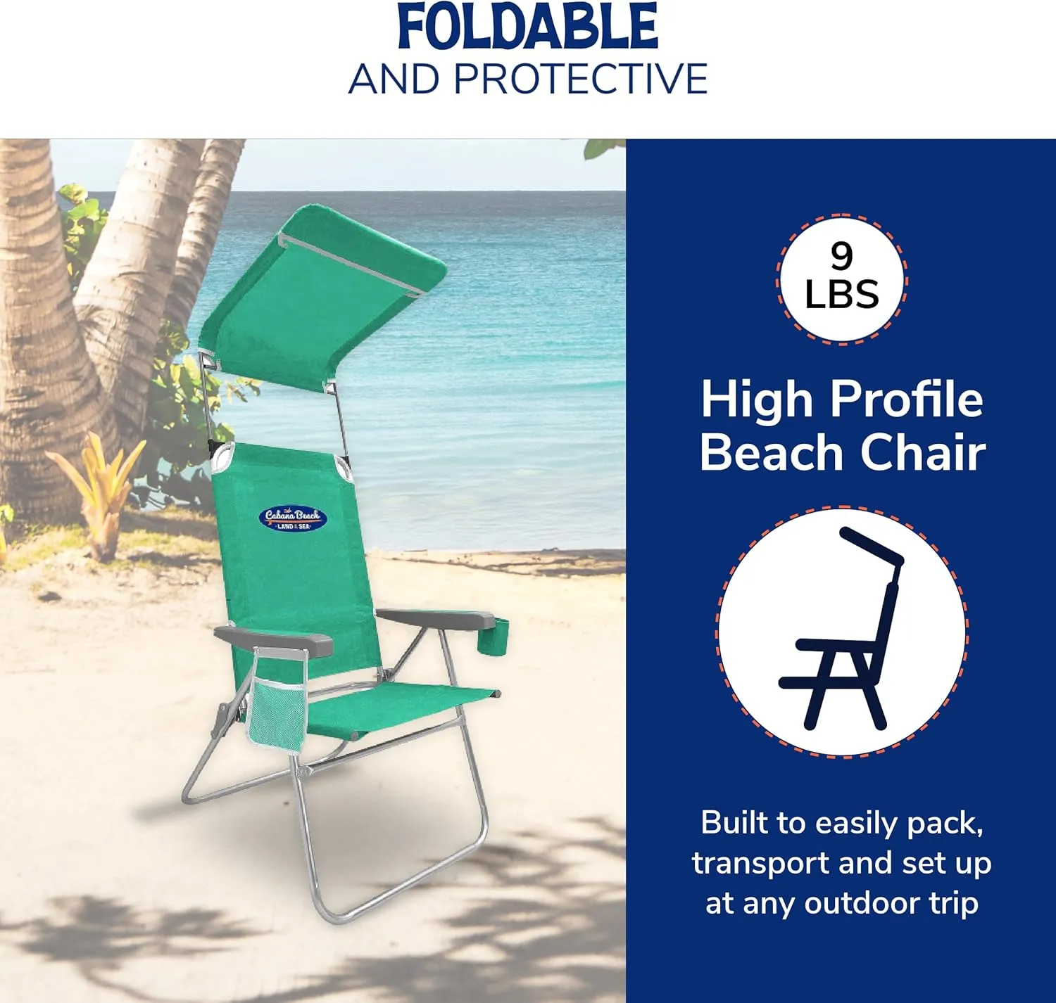 Cabana Beach Folding Beach Chair, 1 Position High Back Outdoor Camping Accessories with Canopy, Lightweight and Portable, Green