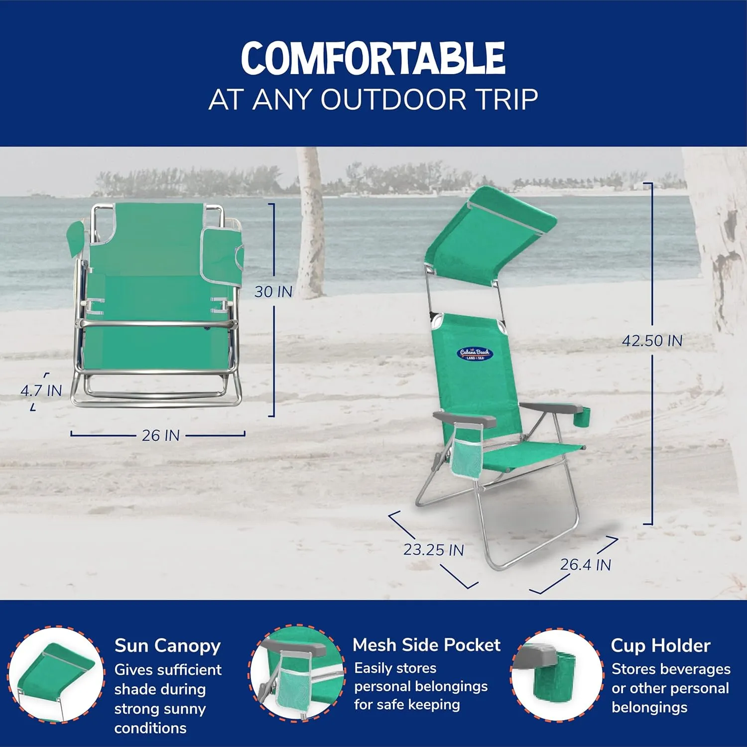 Cabana Beach Folding Beach Chair, 1 Position High Back Outdoor Camping Accessories with Canopy, Lightweight and Portable, Green