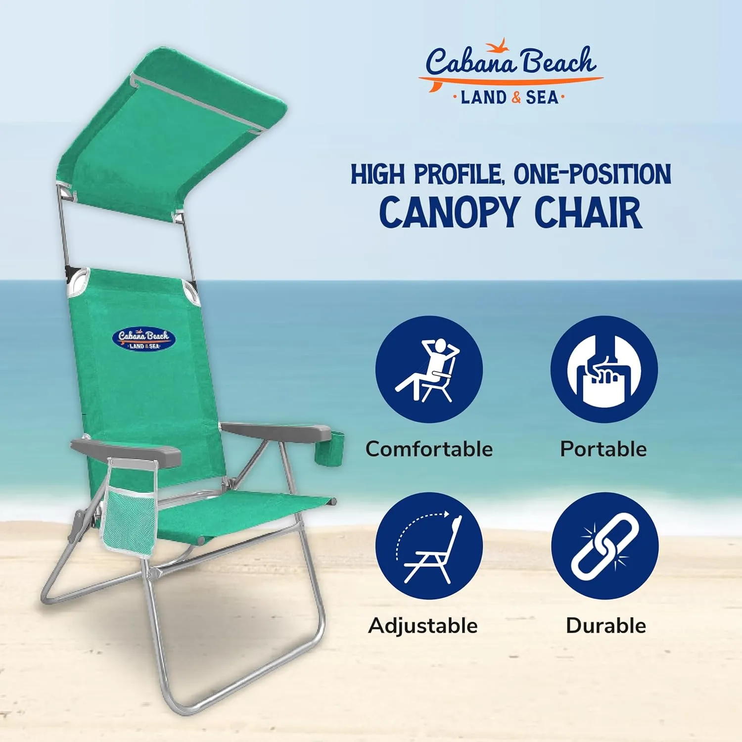 Cabana Beach Folding Beach Chair, 1 Position High Back Outdoor Camping Accessories with Canopy, Lightweight and Portable, Green