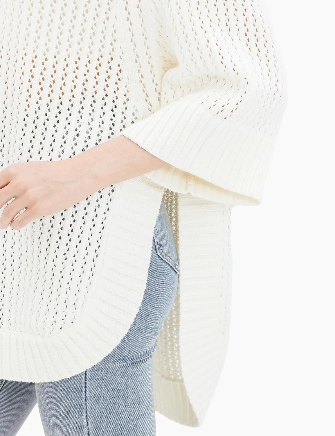 Cable Stitch Women's Rib-Collar Tunic Sweater - Loose Fit Oversized Mock Neck 3/4 Sleeve Pullover Poncho Cover-up Top