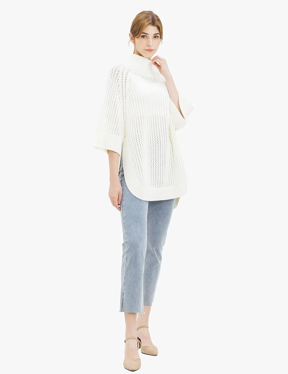 Cable Stitch Women's Rib-Collar Tunic Sweater - Loose Fit Oversized Mock Neck 3/4 Sleeve Pullover Poncho Cover-up Top