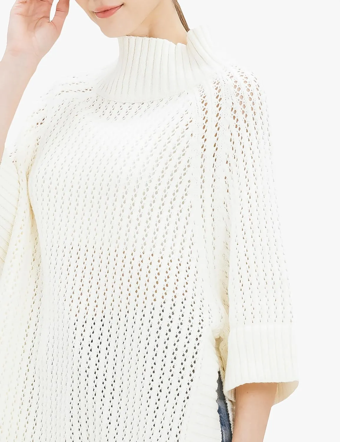 Cable Stitch Women's Rib-Collar Tunic Sweater - Loose Fit Oversized Mock Neck 3/4 Sleeve Pullover Poncho Cover-up Top