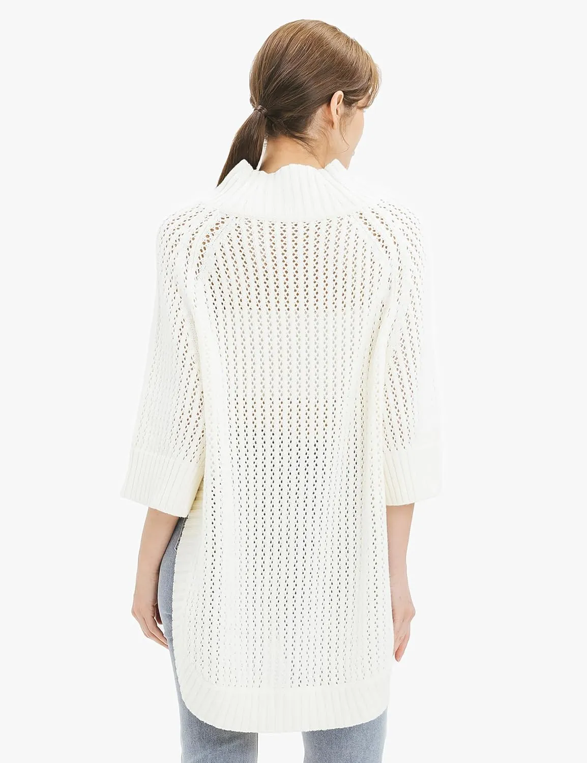 Cable Stitch Women's Rib-Collar Tunic Sweater - Loose Fit Oversized Mock Neck 3/4 Sleeve Pullover Poncho Cover-up Top