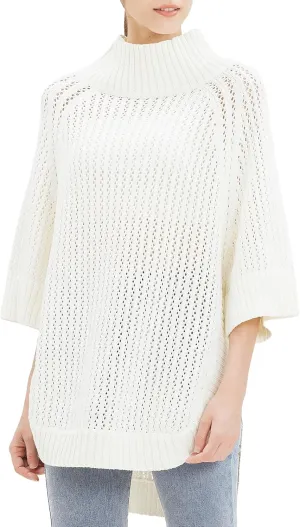 Cable Stitch Women's Rib-Collar Tunic Sweater - Loose Fit Oversized Mock Neck 3/4 Sleeve Pullover Poncho Cover-up Top