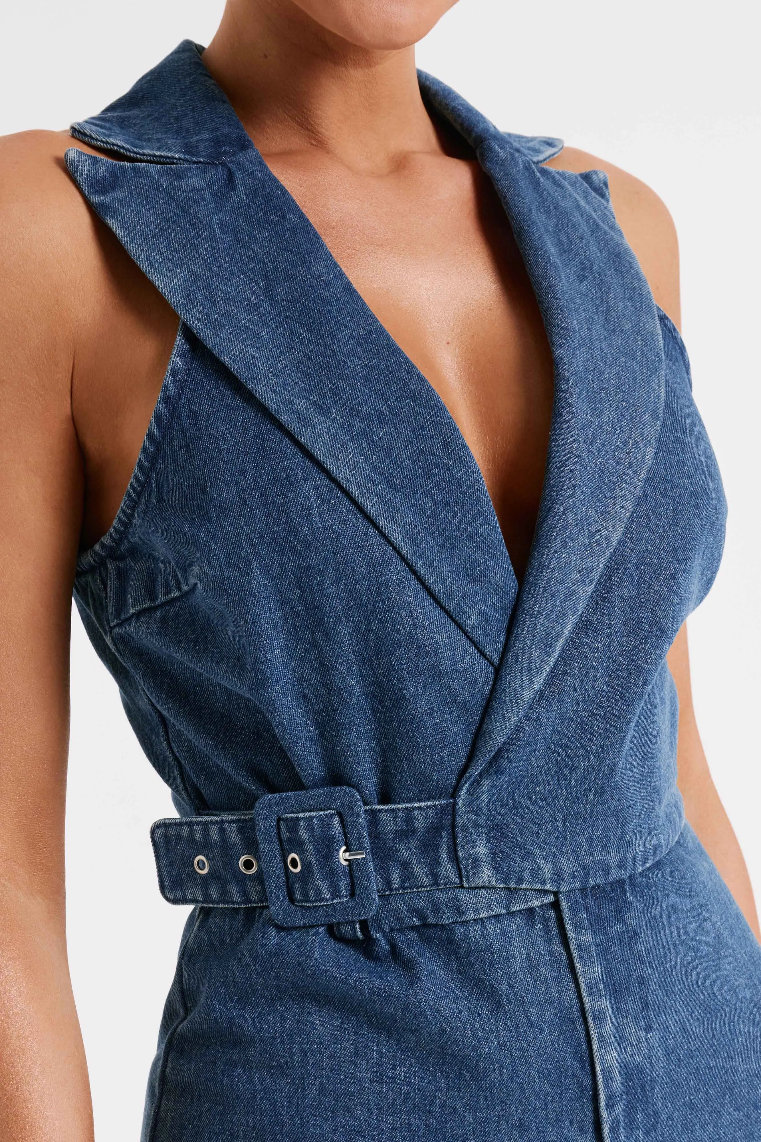 Cadie Sleeveless Denim Jumpsuit - Dark Blue