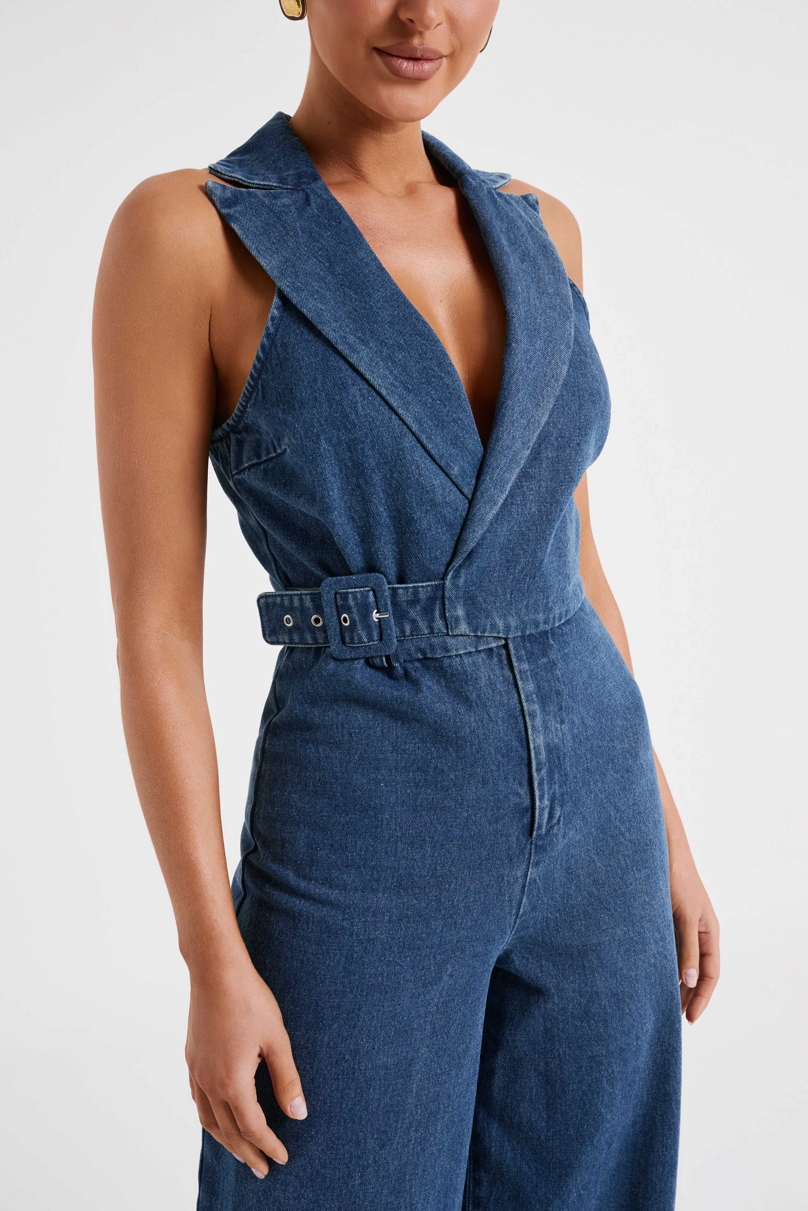 Cadie Sleeveless Denim Jumpsuit - Dark Blue