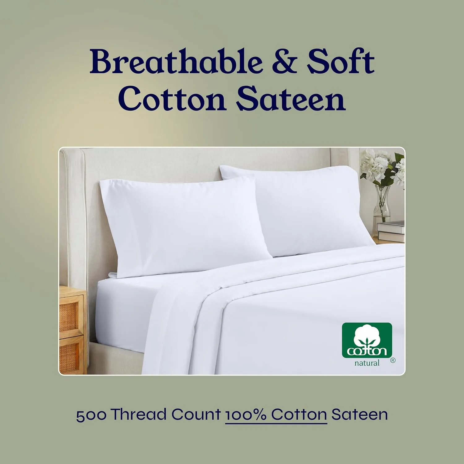 California Design Den Full Size Sheet Set - 100% Cotton, 500 Thread Count Sateen, Cooling Deep Pocket Bed Sheets with Fitted Elastic Sheet, Extra Soft Luxury Hotel Quality - White