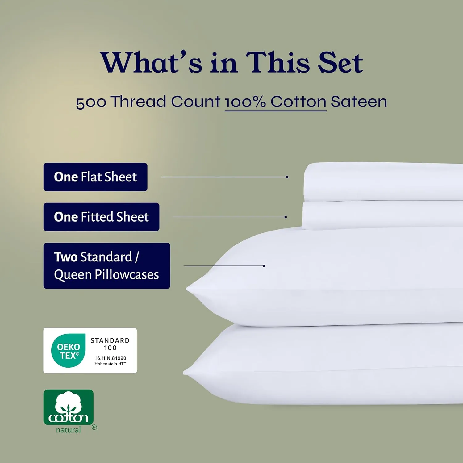 California Design Den Full Size Sheet Set - 100% Cotton, 500 Thread Count Sateen, Cooling Deep Pocket Bed Sheets with Fitted Elastic Sheet, Extra Soft Luxury Hotel Quality - White