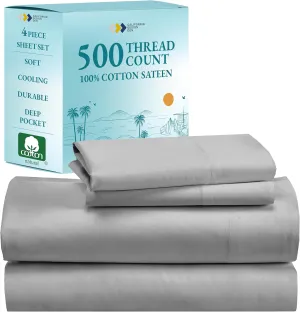 California Design Den Luxury Cotton Sateen Full Sheets Set - Light Grey Sheet Set, 500 Thread Count 100% Cotton, Ultra Soft Cooling Bedding, Deep Pocket Fits 16 Inch Mattresses