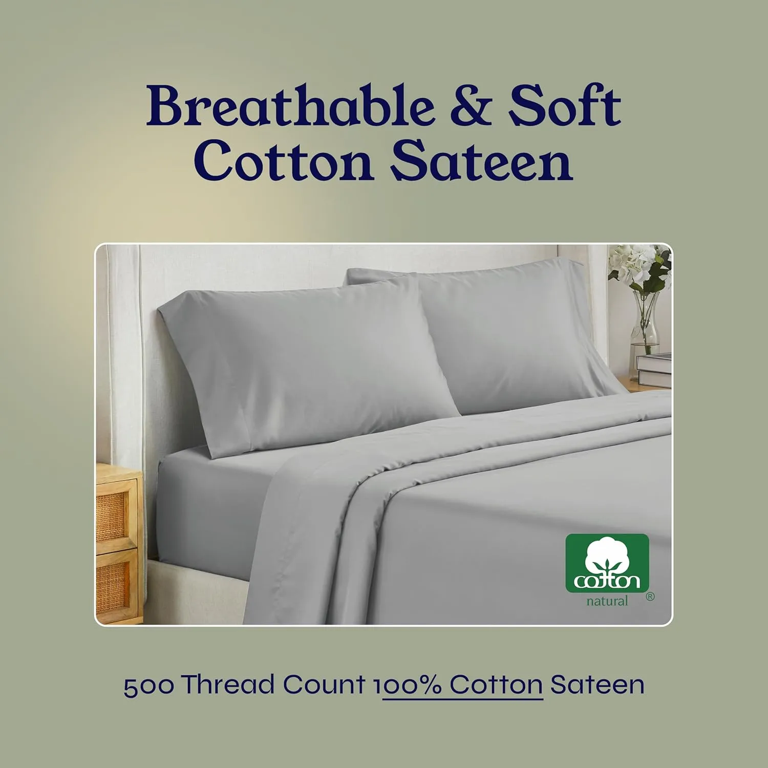 California Design Den Luxury Cotton Sateen Full Sheets Set - Light Grey Sheet Set, 500 Thread Count 100% Cotton, Ultra Soft Cooling Bedding, Deep Pocket Fits 16 Inch Mattresses