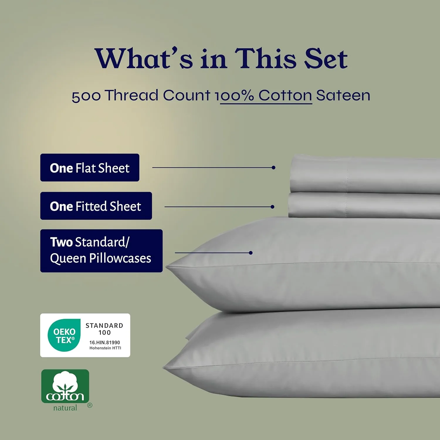 California Design Den Luxury Cotton Sateen Full Sheets Set - Light Grey Sheet Set, 500 Thread Count 100% Cotton, Ultra Soft Cooling Bedding, Deep Pocket Fits 16 Inch Mattresses