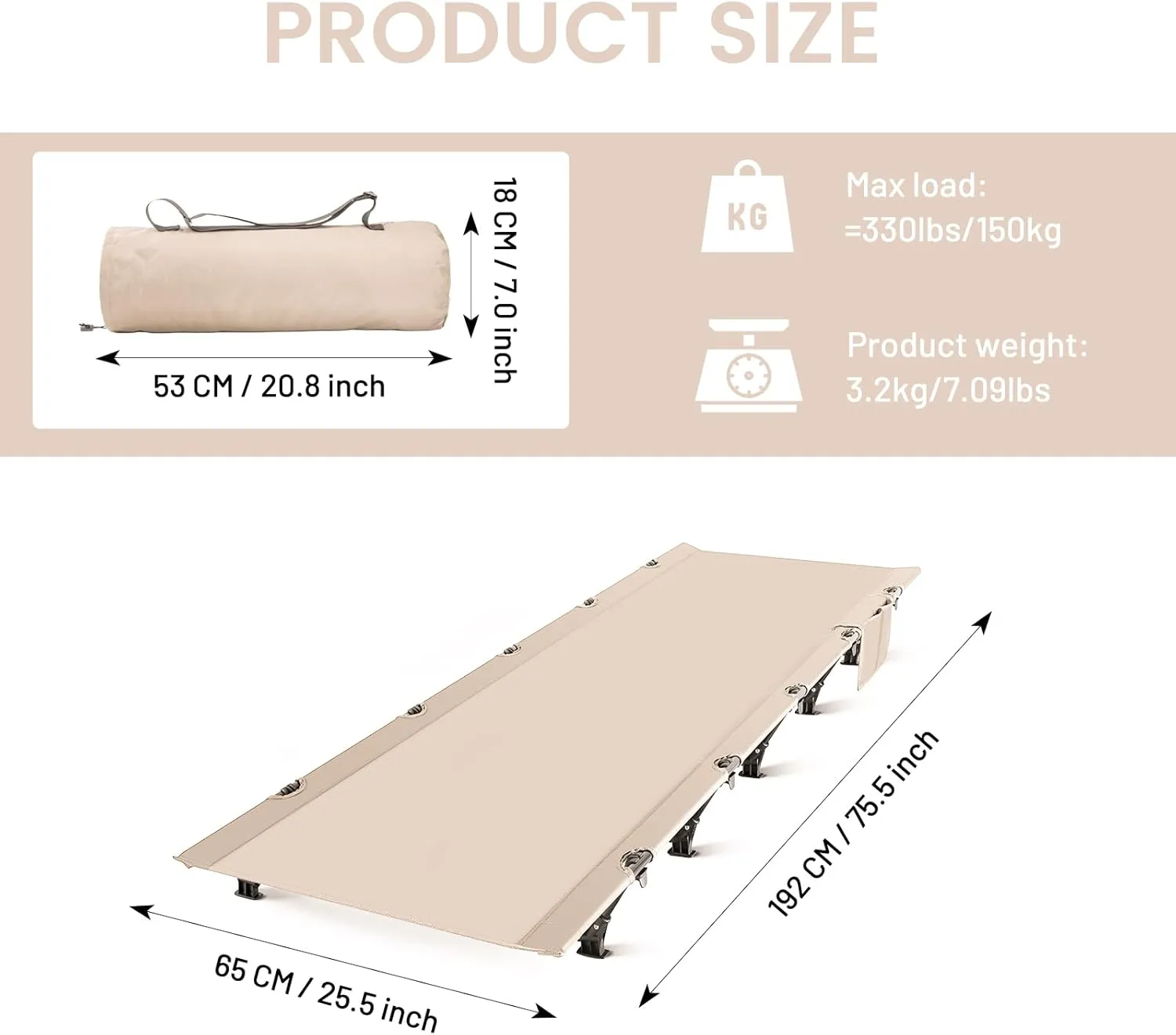 Camping Cots, Ultralight Folding Backpacking Cot, Outdoor Bed Supports 320lbs, Portable Camping Bed for Adults Lightweight cot Camping Hiking Travel Home (Beiges)