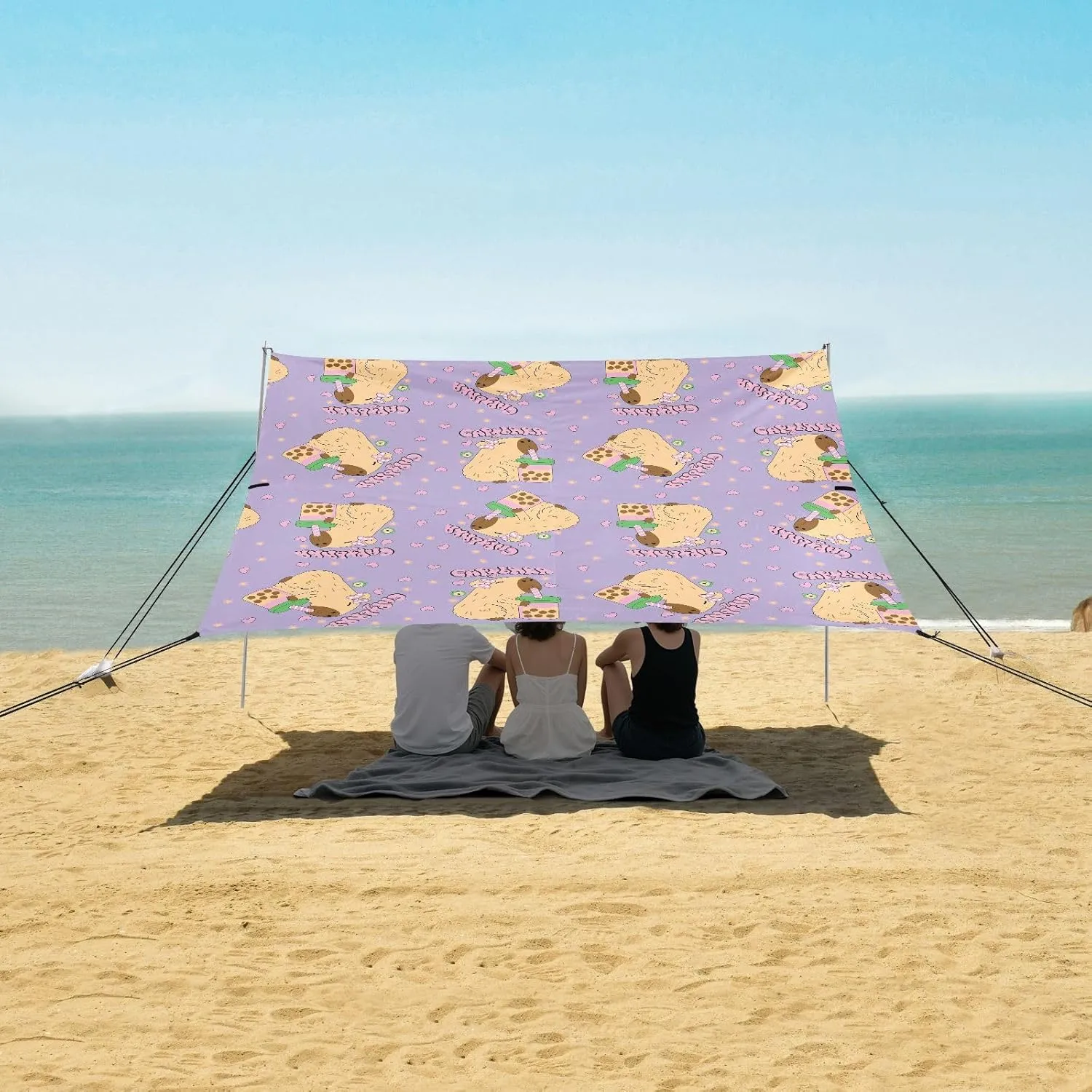 Capybara Drinks Beach Canopy Tent Anti-UV & Wind Resistant, Camping Sun Shelter Easy Setup Portable,Outdoor Shade Tents with Sandbags,Sand Shovels,Ground Pegs & Stability Poles