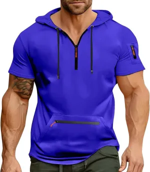 Cargo Hoodies for Men Short Sleeve V Neck 1/4 Zipper Muscle Shirts Big and Tall Lightweight Athletic Sports Gym Tops