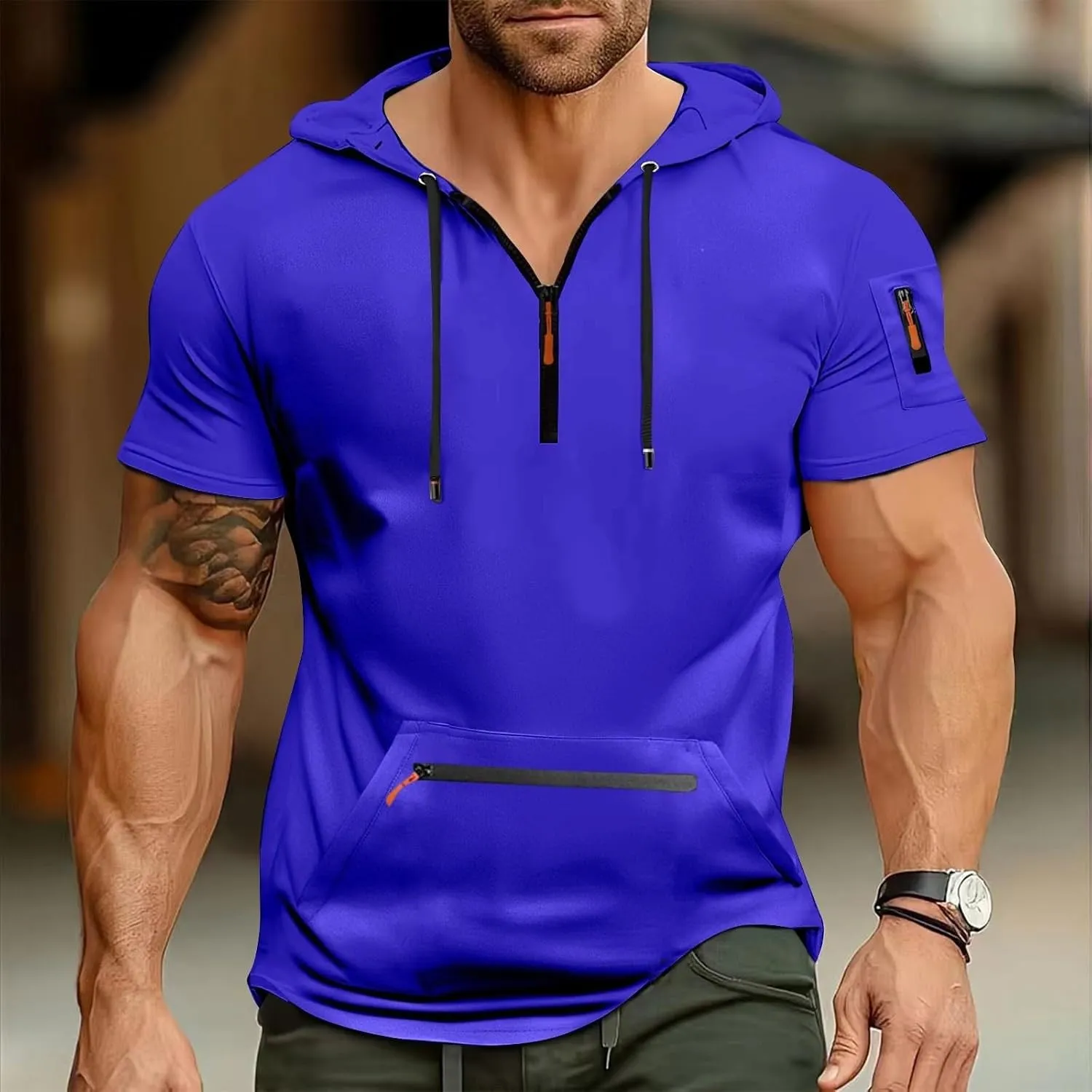 Cargo Hoodies for Men Short Sleeve V Neck 1/4 Zipper Muscle Shirts Big and Tall Lightweight Athletic Sports Gym Tops