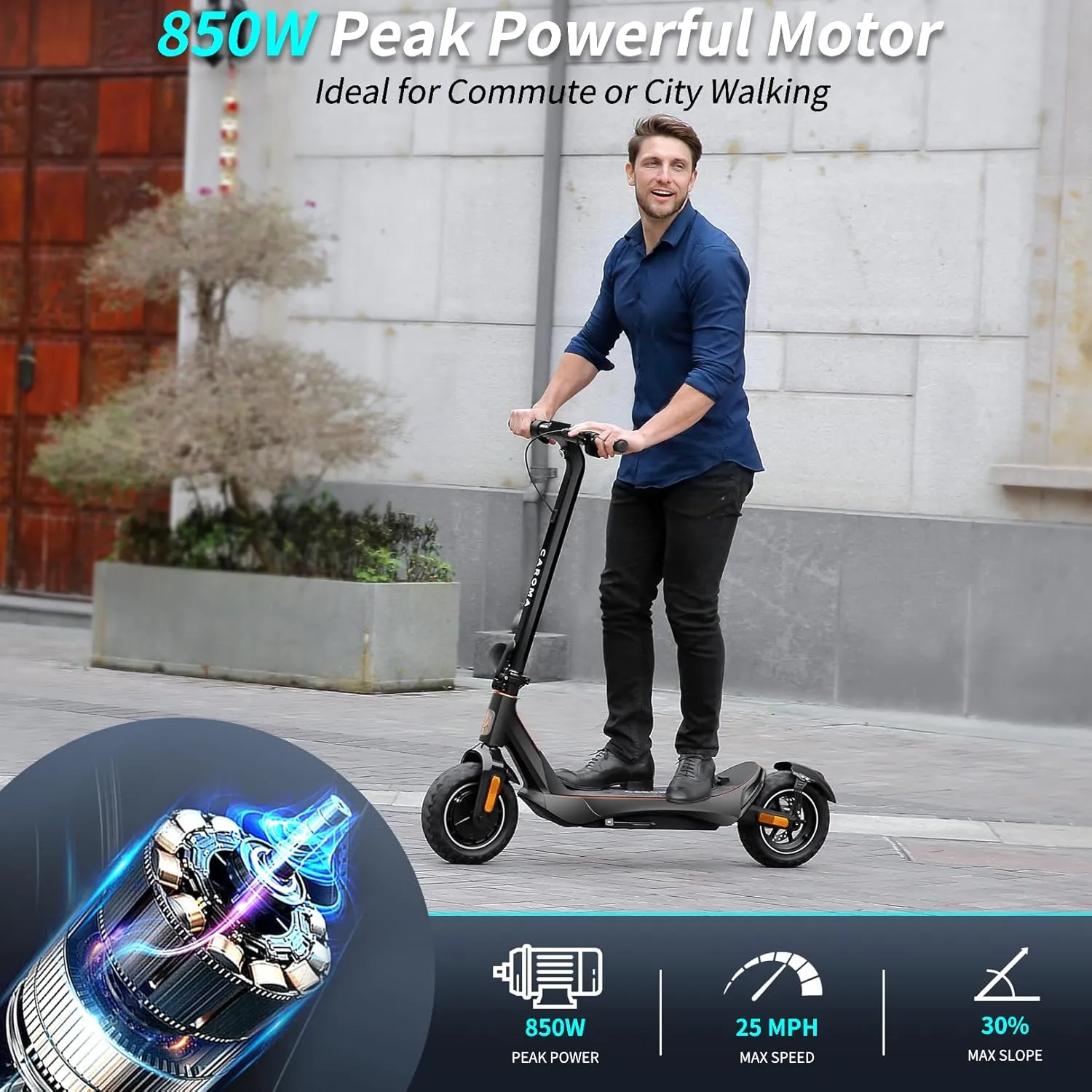 Caroma Electric Scooter Adults, 850W Motor, Max 36 Mph & 30-37 Miles Long Range, 10 Inch Run-Flat Tires, Folding E-Scooter with Dual Motor and Dual Brakes, Smart Control