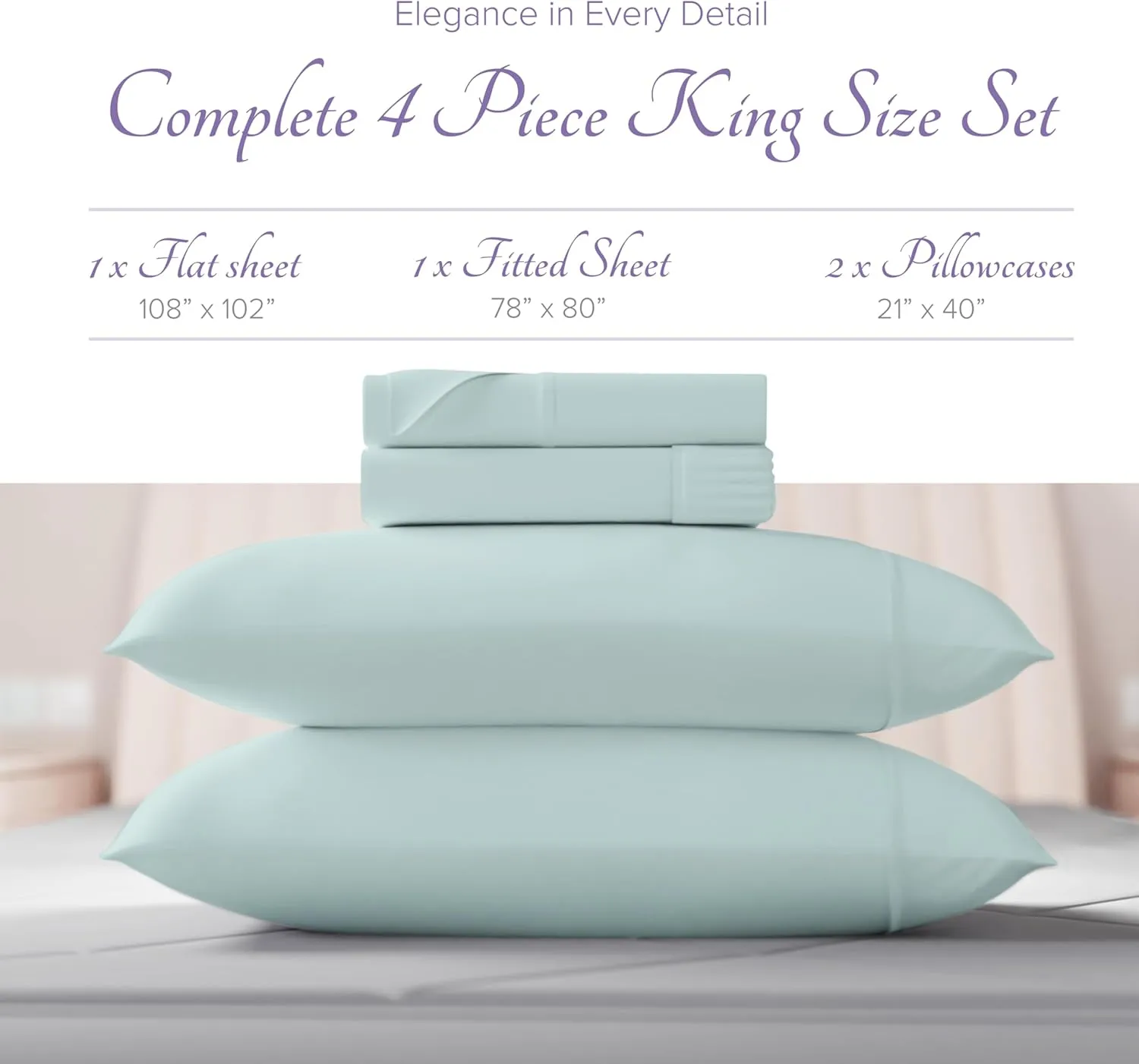 Carressa Linen Luxury Egyptian Cotton 4 PC King Size Sheet Set - 600 Thread Count Deep Pocket Fitted and Flat Sheets, Soft, Cooling Extra Long Staple Hotel-Quality Bedding with Sateen Weave - Sea Foam