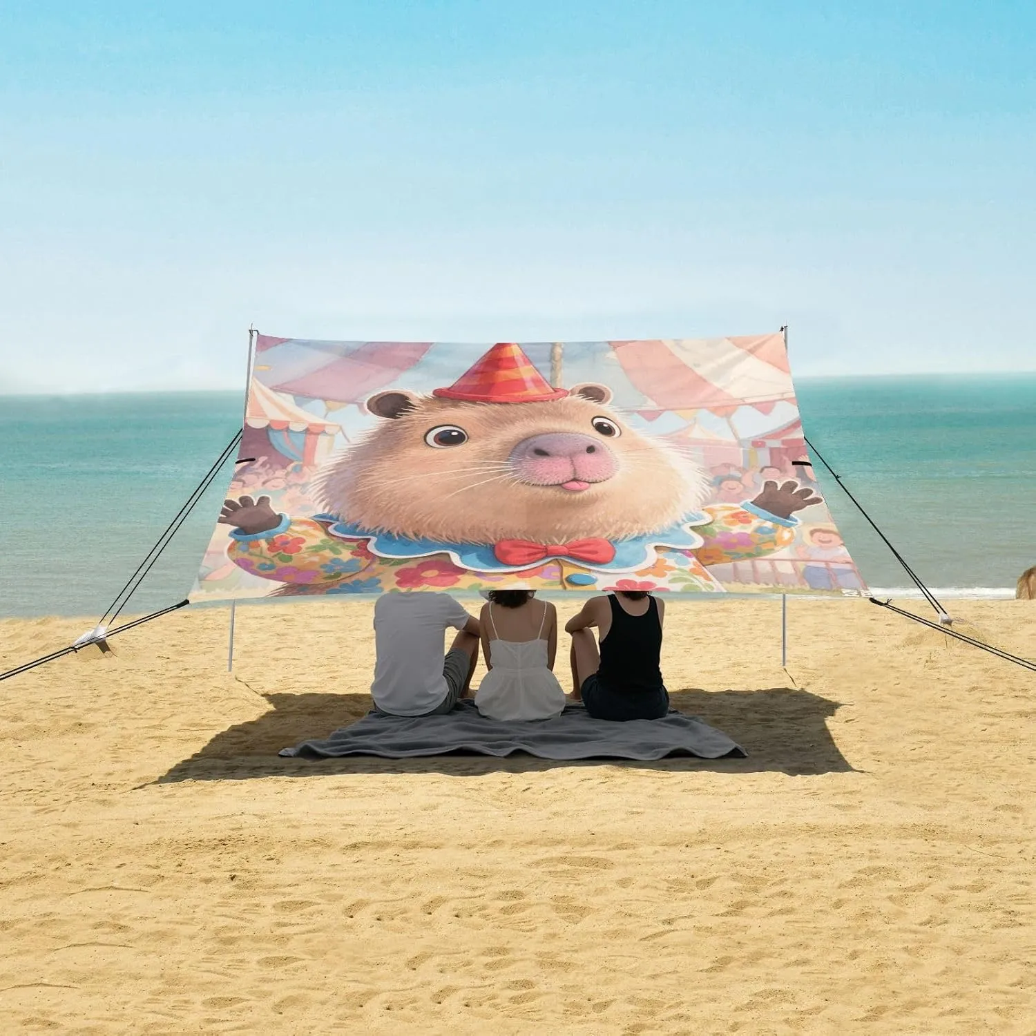 Cartoon Circus Capybara Beach Canopy Tent Anti-UV & Wind Resistant, Camping Sun Shelter Easy Setup Portable,Outdoor Shade Tents with Sandbags,Sand Shovels,Ground Pegs & Stability Poles