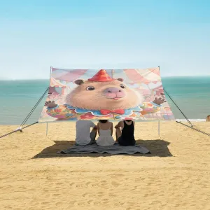 Cartoon Circus Capybara Beach Canopy Tent Anti-UV & Wind Resistant, Camping Sun Shelter Easy Setup Portable,Outdoor Shade Tents with Sandbags,Sand Shovels,Ground Pegs & Stability Poles