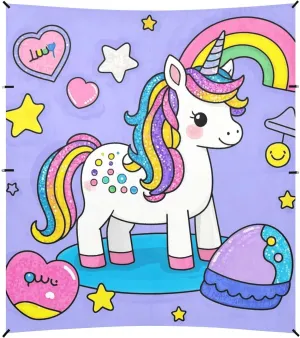 Cartoon Cute Fake Sequin Unicorns Foldable Beach Canopy UPF50  Protection Easy Setup Large Sun Shade with Sand Shovel, Sandbags for Camping, Picnics, Backyard & Fishing