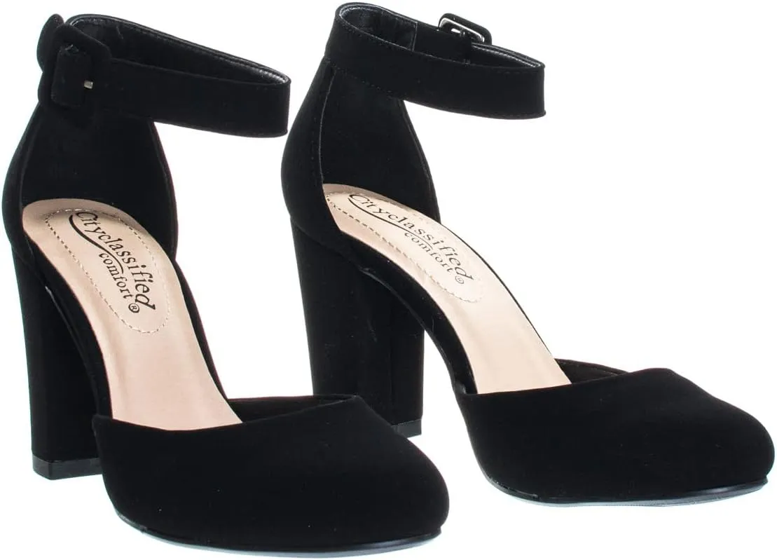 City Classified Women's Comfort Foam Closed Toe Dress Pump Ankle Strap Block Heel
